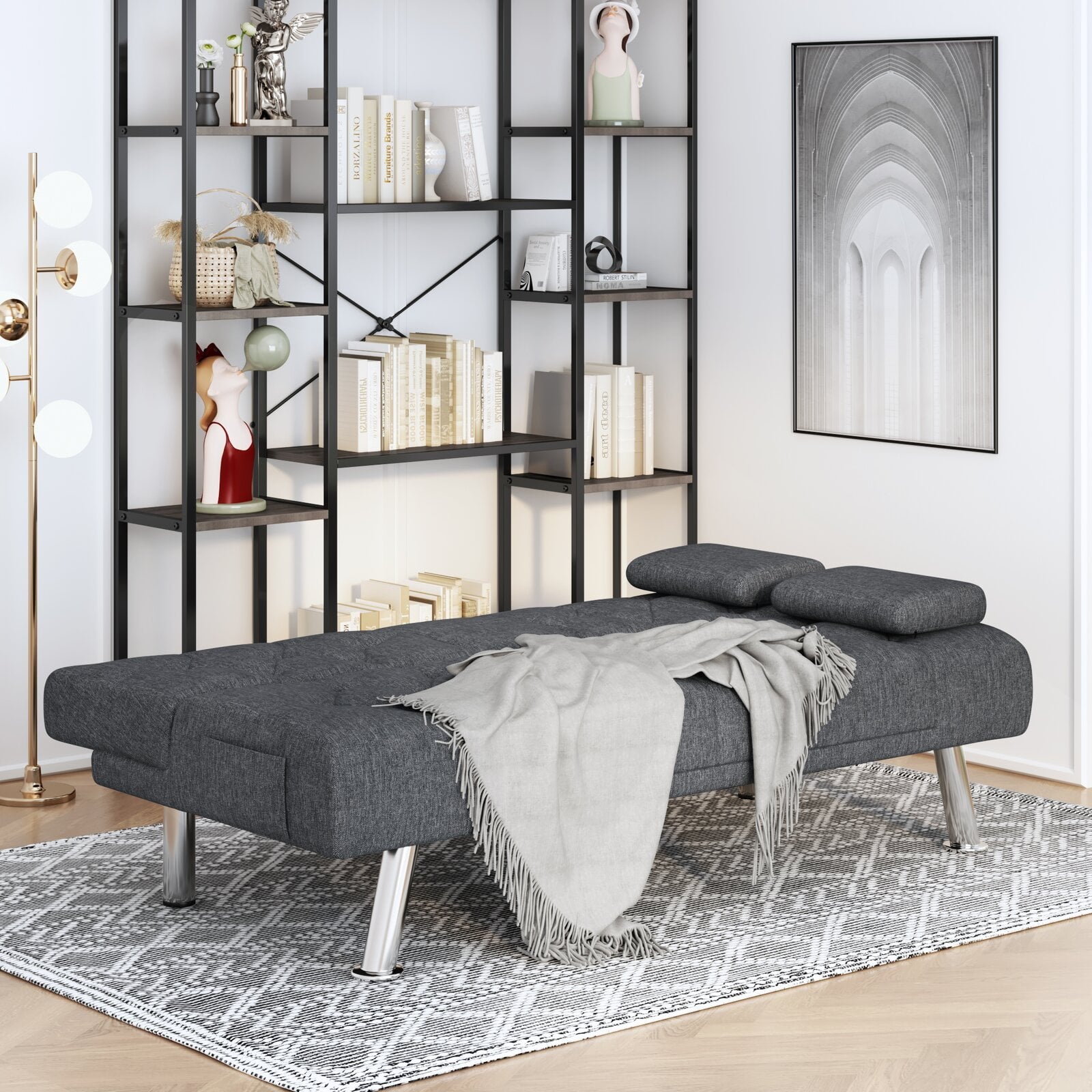 Homfa Convertible Futon Sofa Bed, 66.3'' Upholstered Removable Armrests,Gray Finish