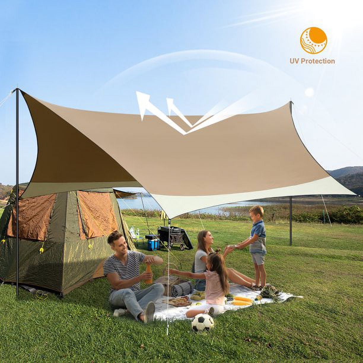 SANOPY 12 x 14ft Camping Tent Tarp Waterproof Tents UPF 50+ Hammock Rain Fly Beach Canopy with 2 Poles Outdoor Accessories Tents Shelter for Backpacking, Hiking, Traveling,Blue