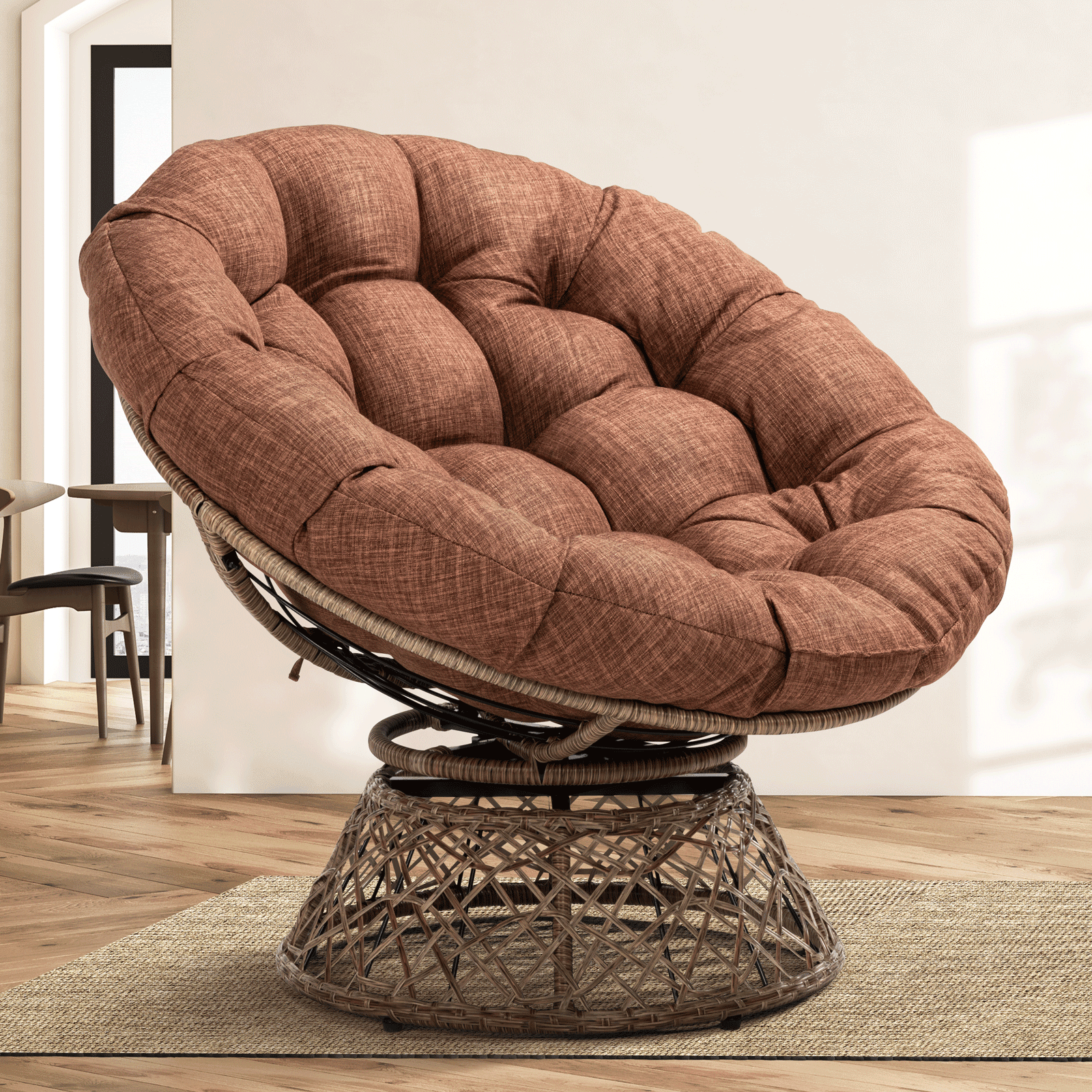 Bme 360 Swivel Comfy Papasan Chair with Fabric Cushion, Sturdy Metal Frame (Cream Vanilla - Black Frame)