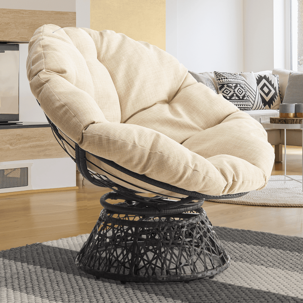 Bme 360 Swivel Comfy Papasan Chair with Fabric Cushion, Sturdy Metal Frame (Cream Vanilla - Black Frame)