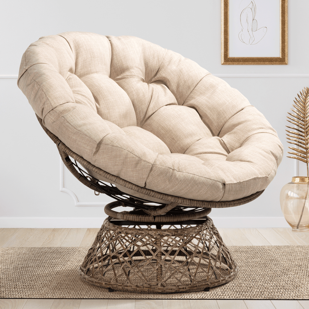 Bme 360 Swivel Comfy Papasan Chair with Fabric Cushion, Sturdy Metal Frame (Cream Vanilla - Black Frame)