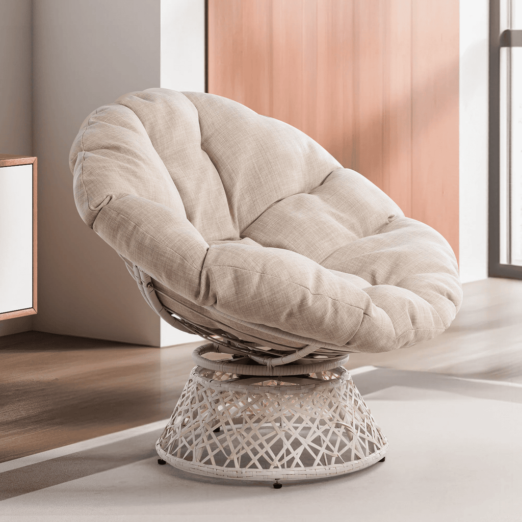 Bme 360 Swivel Comfy Papasan Chair with Fabric Cushion, Sturdy Metal Frame (Cream Vanilla - Black Frame)