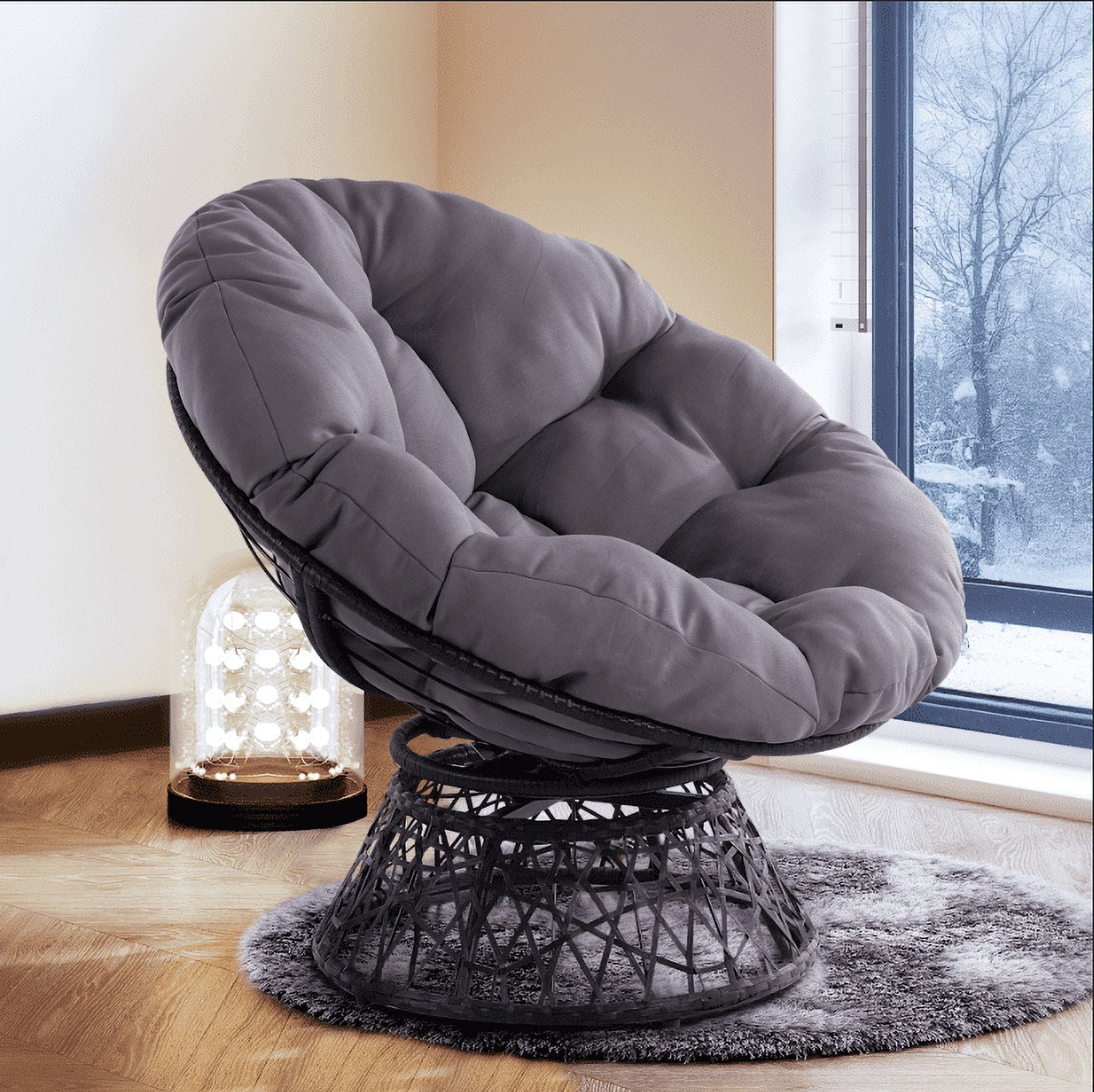 Bme 360 Swivel Comfy Papasan Chair with Fabric Cushion, Sturdy Metal Frame (Cream Vanilla - Black Frame)