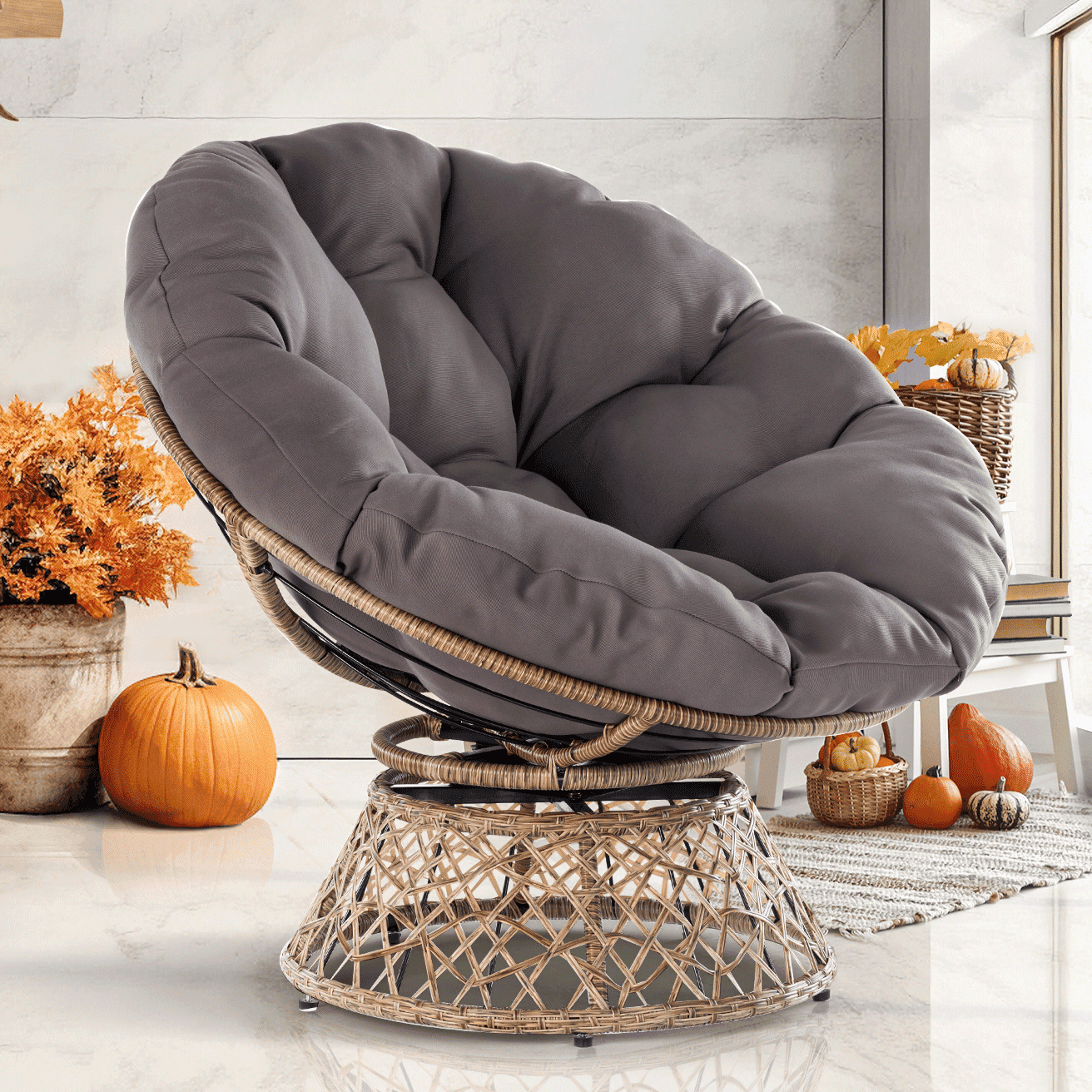 Bme 360 Swivel Comfy Papasan Chair with Fabric Cushion, Sturdy Metal Frame (Cream Vanilla - Black Frame)