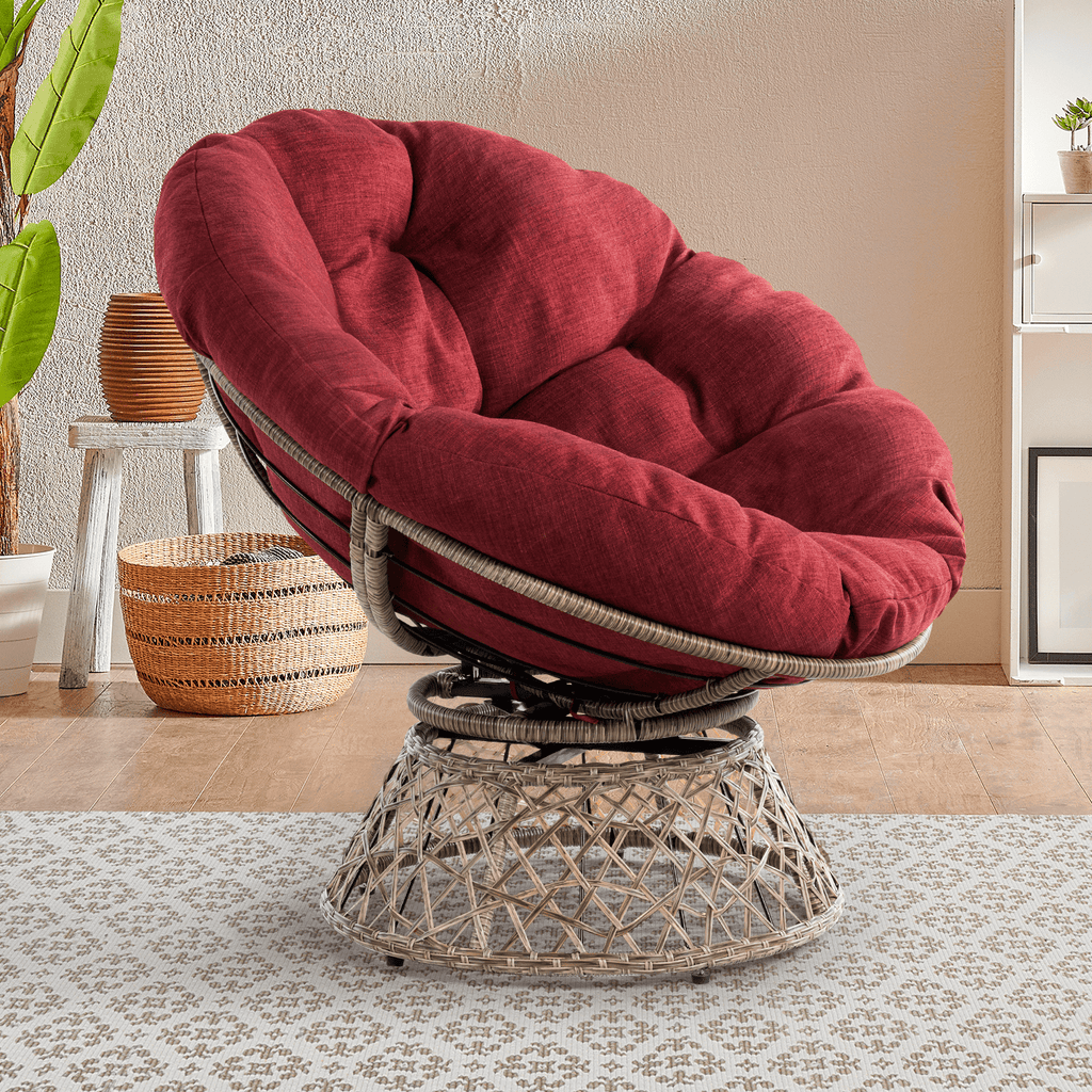 Bme 360 Swivel Comfy Papasan Chair with Fabric Cushion, Sturdy Metal Frame (Cream Vanilla - Black Frame)