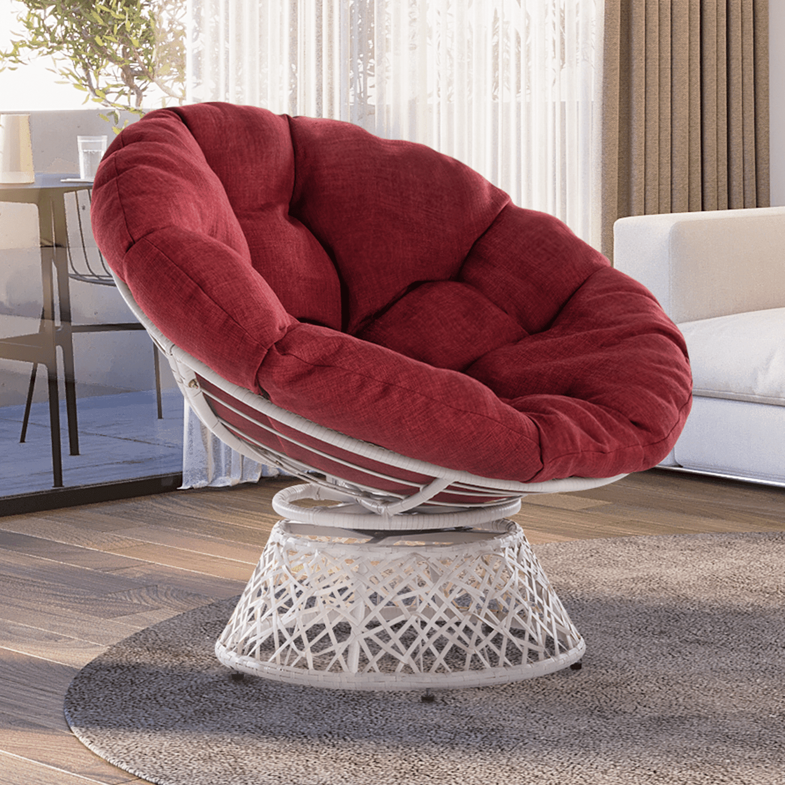 Bme 360 Swivel Comfy Papasan Chair with Fabric Cushion, Sturdy Metal Frame (Cream Vanilla - Black Frame)