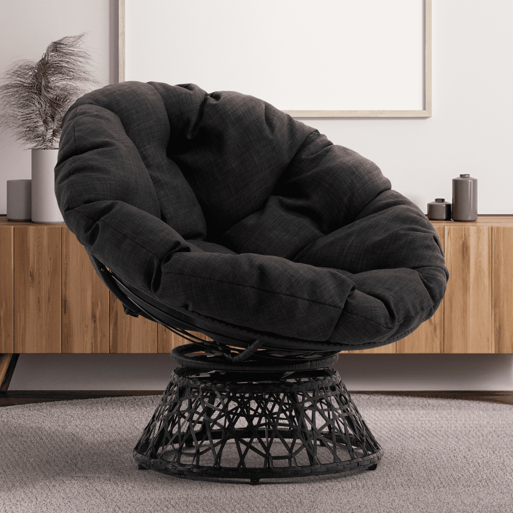 Bme 360 Swivel Comfy Papasan Chair with Fabric Cushion, Sturdy Metal Frame (Cream Vanilla - Black Frame)