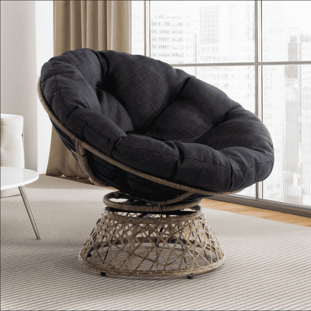 Bme 360 Swivel Comfy Papasan Chair with Fabric Cushion, Sturdy Metal Frame (Cream Vanilla - Black Frame)