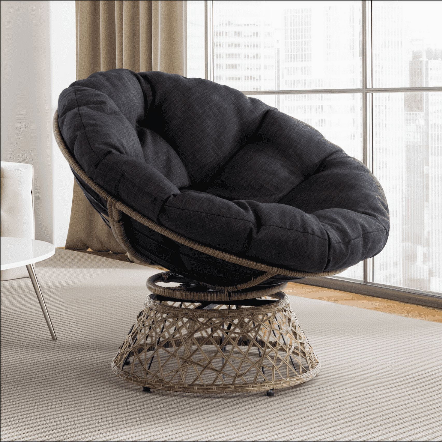 Bme 360 Swivel Comfy Papasan Chair with Fabric Cushion, Sturdy Metal Frame (Cream Vanilla - Black Frame)