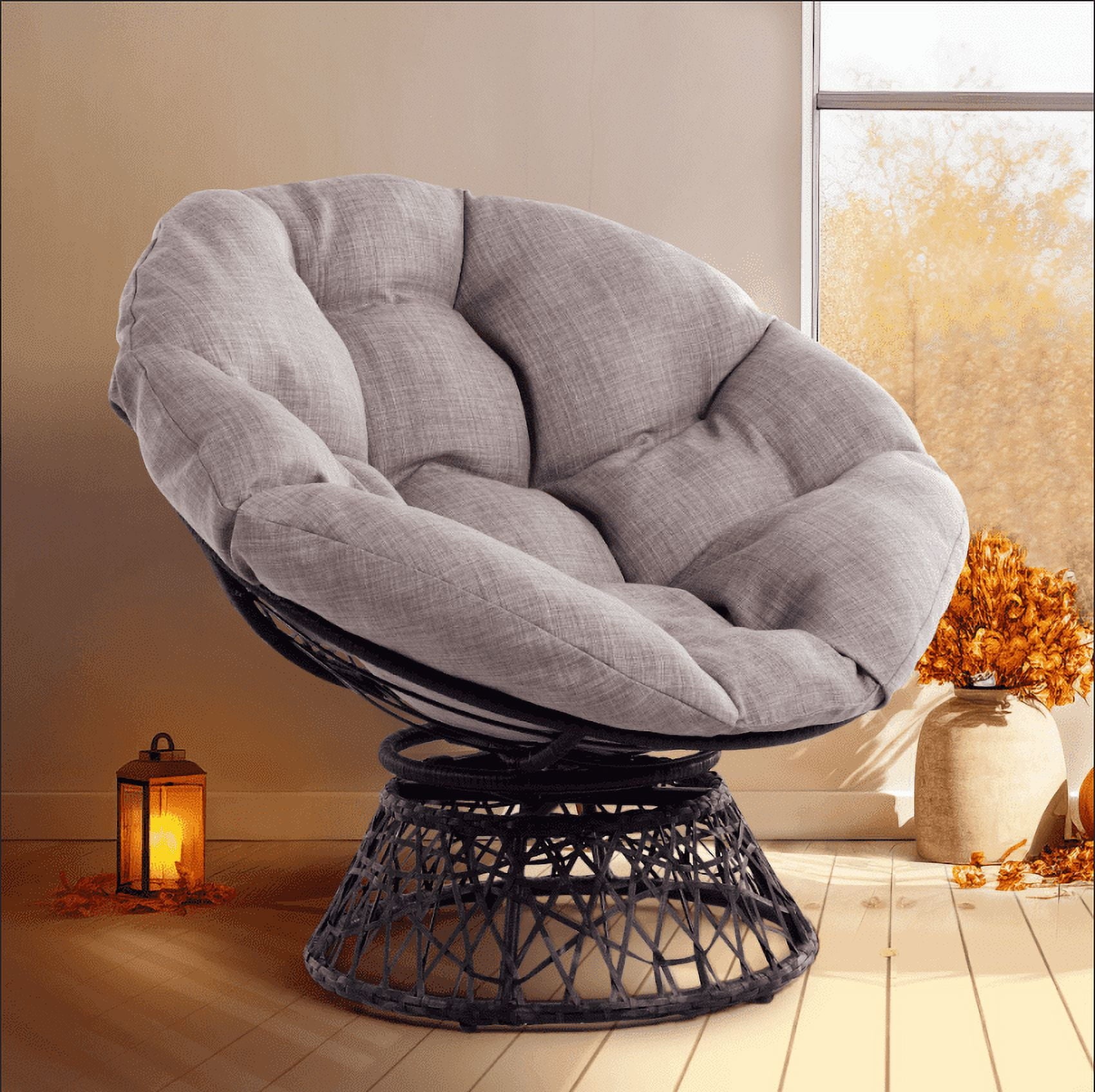Bme 360 Swivel Comfy Papasan Chair with Fabric Cushion, Sturdy Metal Frame (Cream Vanilla - Black Frame)