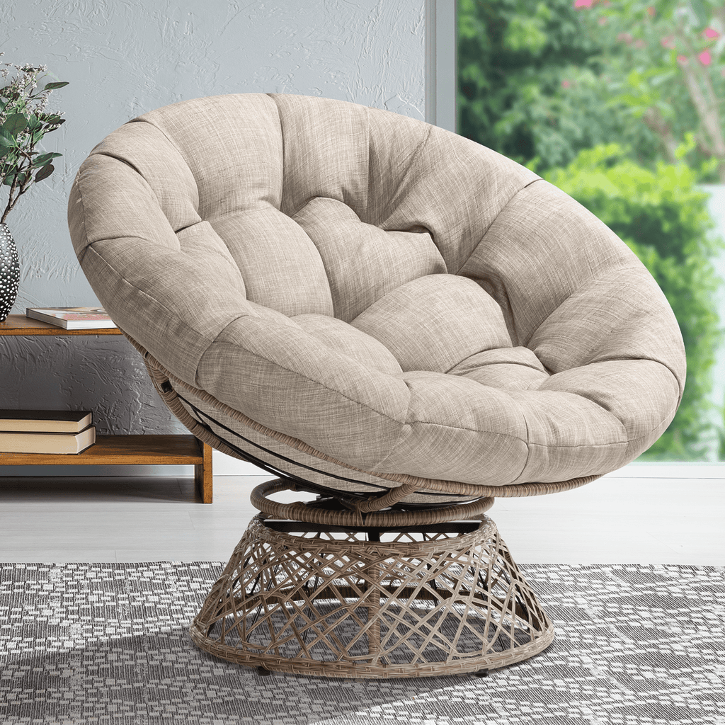 Bme 360 Swivel Comfy Papasan Chair with Fabric Cushion, Sturdy Metal Frame (Cream Vanilla - Black Frame)