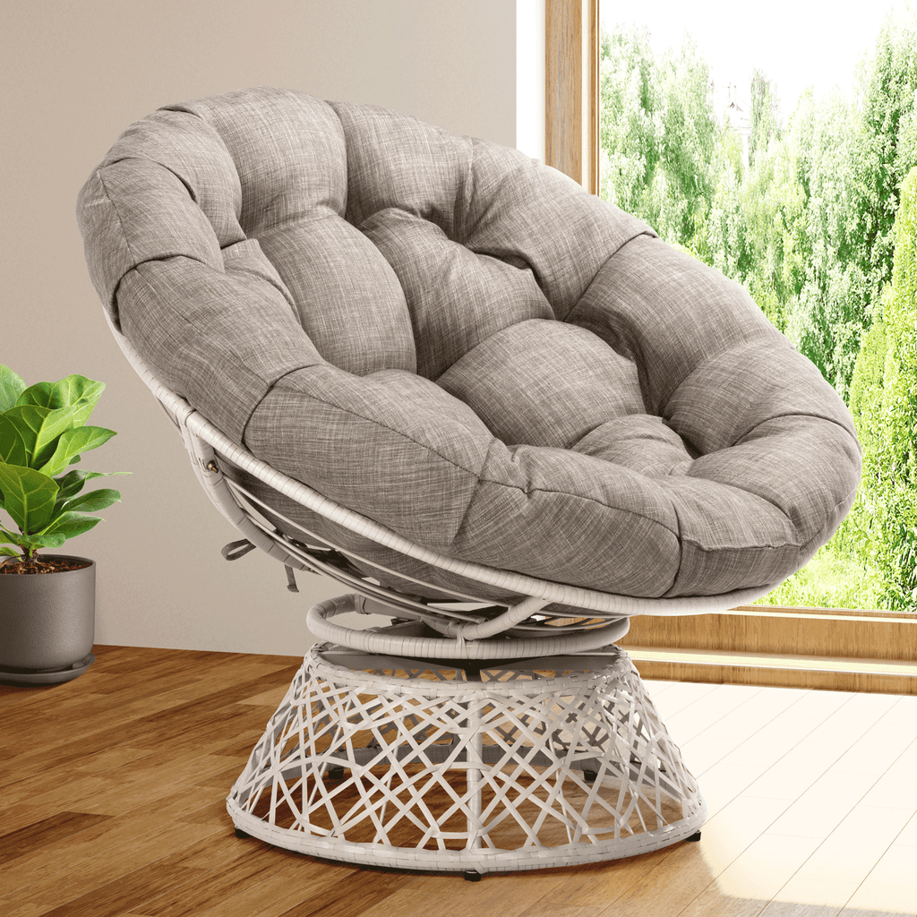 Bme 360 Swivel Comfy Papasan Chair with Fabric Cushion, Sturdy Metal Frame (Cream Vanilla - Black Frame)