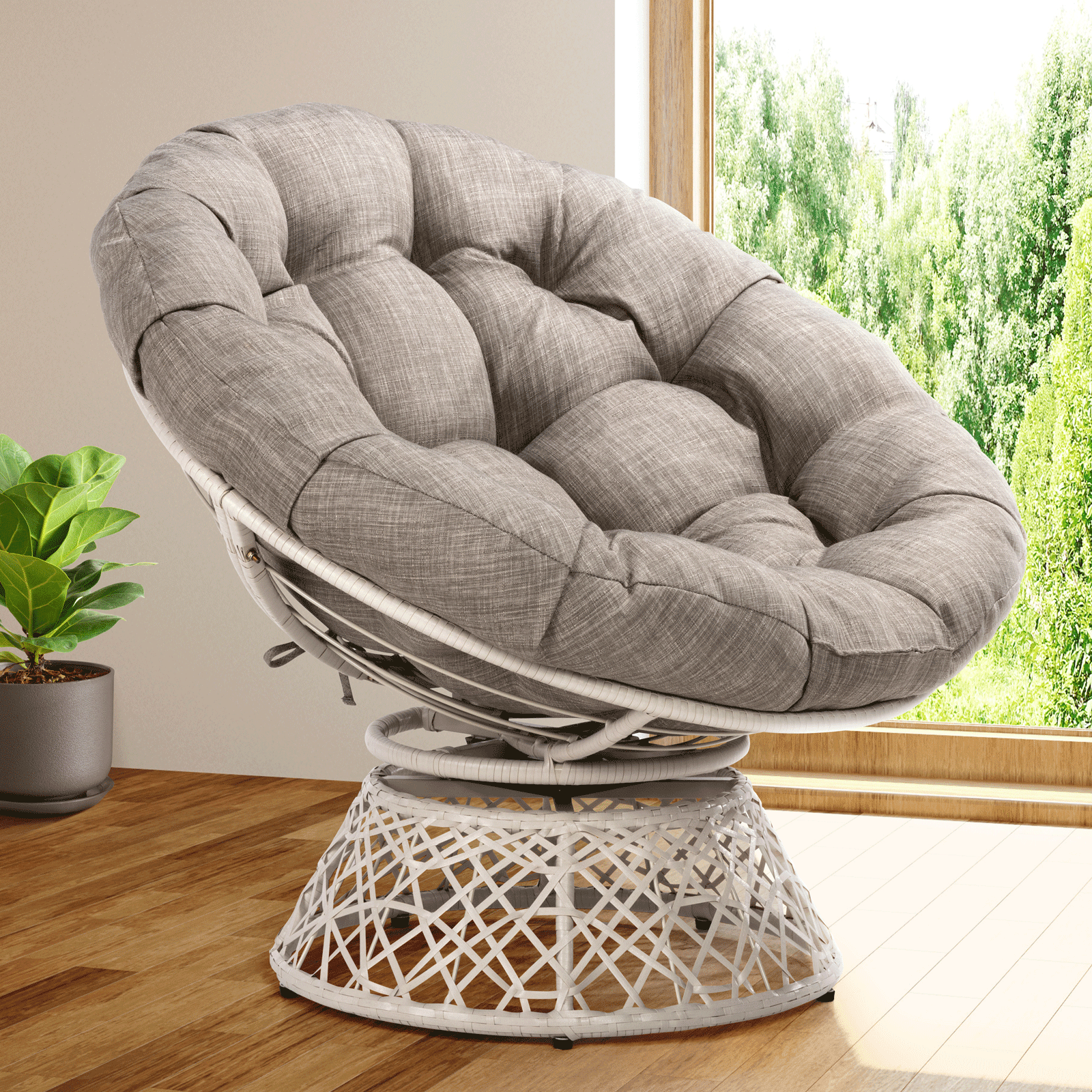 Bme 360 Swivel Comfy Papasan Chair with Fabric Cushion, Sturdy Metal Frame (Cream Vanilla - Black Frame)