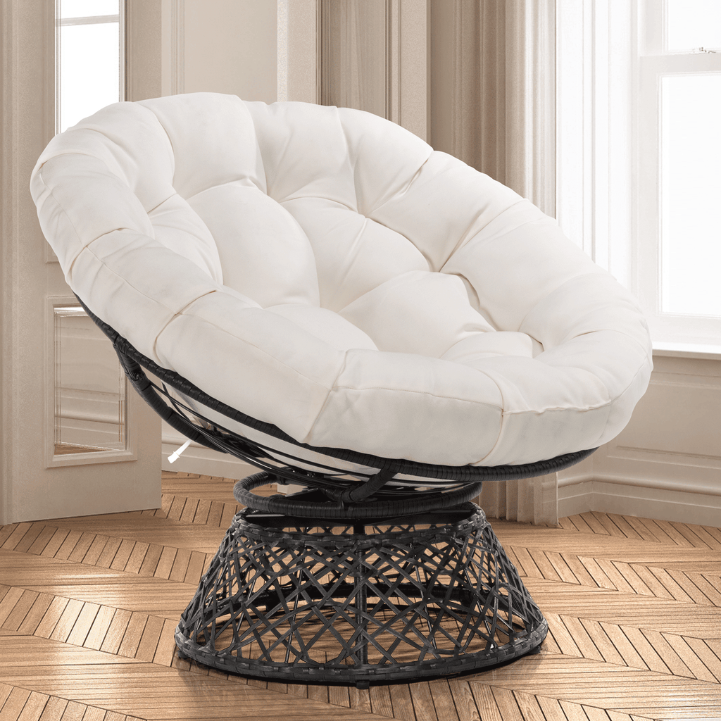 Bme 360 Swivel Comfy Papasan Chair with Fabric Cushion, Sturdy Metal Frame (Cream Vanilla - Black Frame)