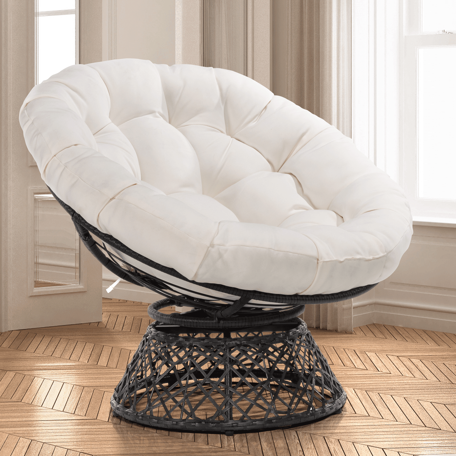 Bme 360 Swivel Comfy Papasan Chair with Fabric Cushion, Sturdy Metal Frame (Cream Vanilla - Black Frame)