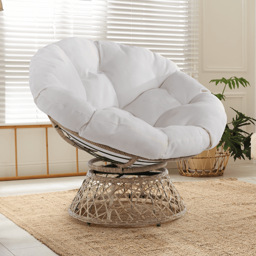 Bme 360 Swivel Comfy Papasan Chair with Fabric Cushion, Sturdy Metal Frame (Cream Vanilla - Black Frame)