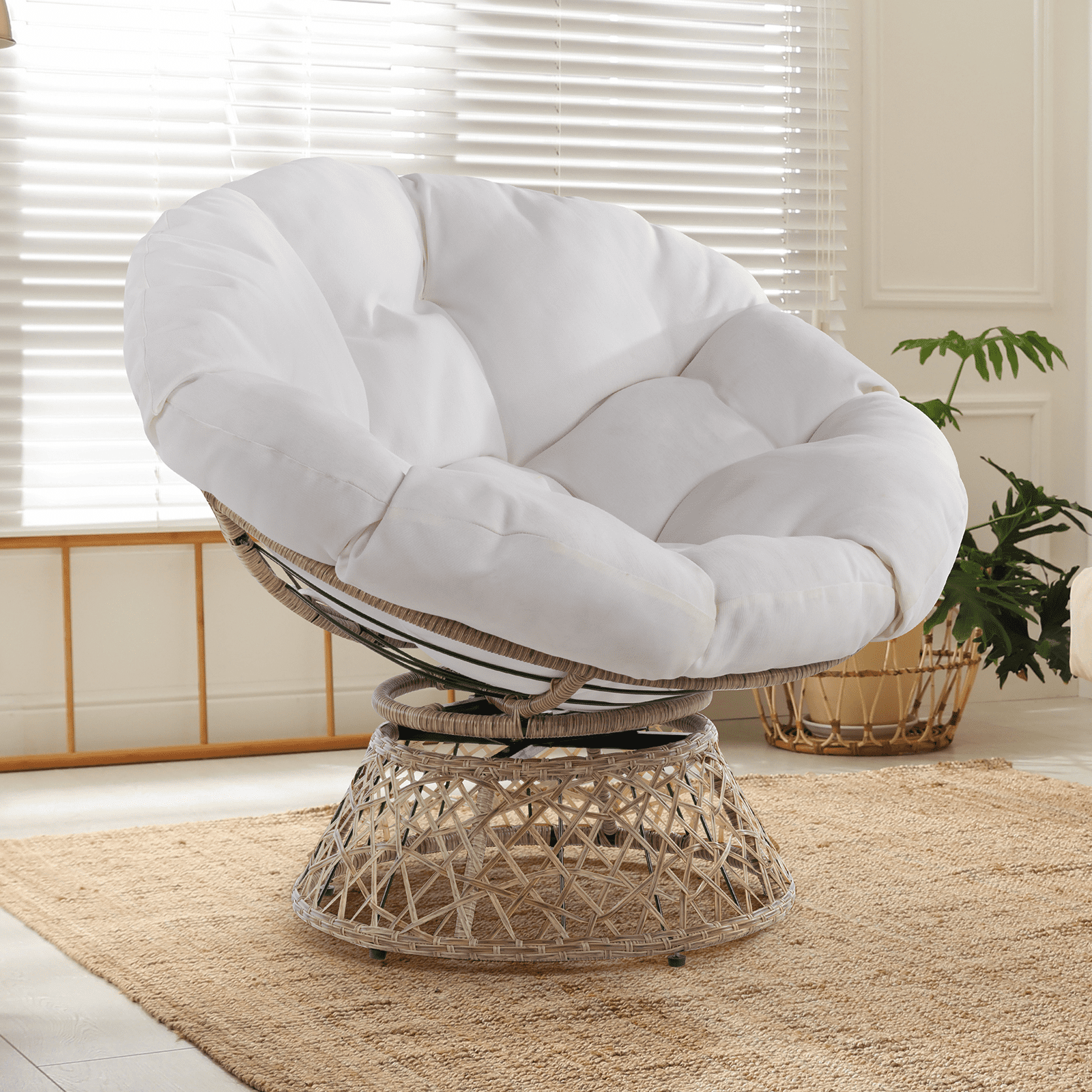 Bme 360 Swivel Comfy Papasan Chair with Fabric Cushion, Sturdy Metal Frame (Cream Vanilla - Black Frame)