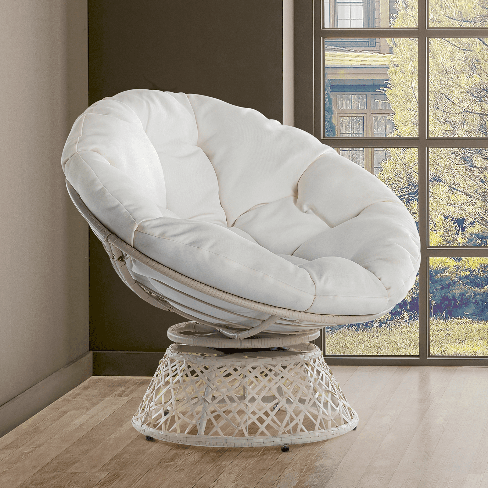 Bme 360 Swivel Comfy Papasan Chair with Fabric Cushion, Sturdy Metal Frame (Cream Vanilla - Black Frame)