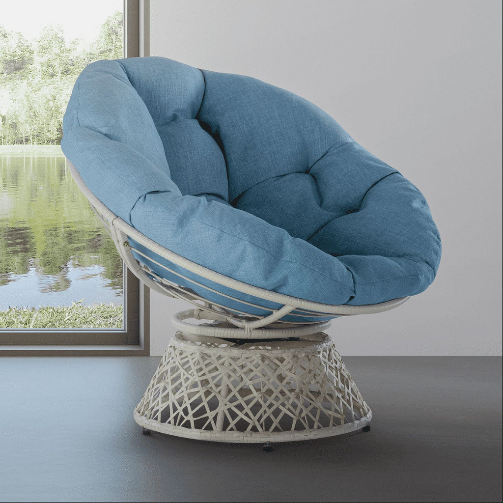Bme 360 Swivel Comfy Papasan Chair with Fabric Cushion, Sturdy Metal Frame (Cream Vanilla - Black Frame)