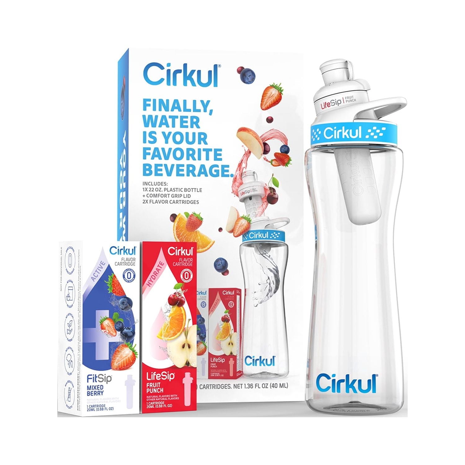Cirkul 22oz Plastic Water Bottle Starter Kit with Blue Lid and 2 Flavor Cartridges (Fruit Punch & Mixed Berry)
