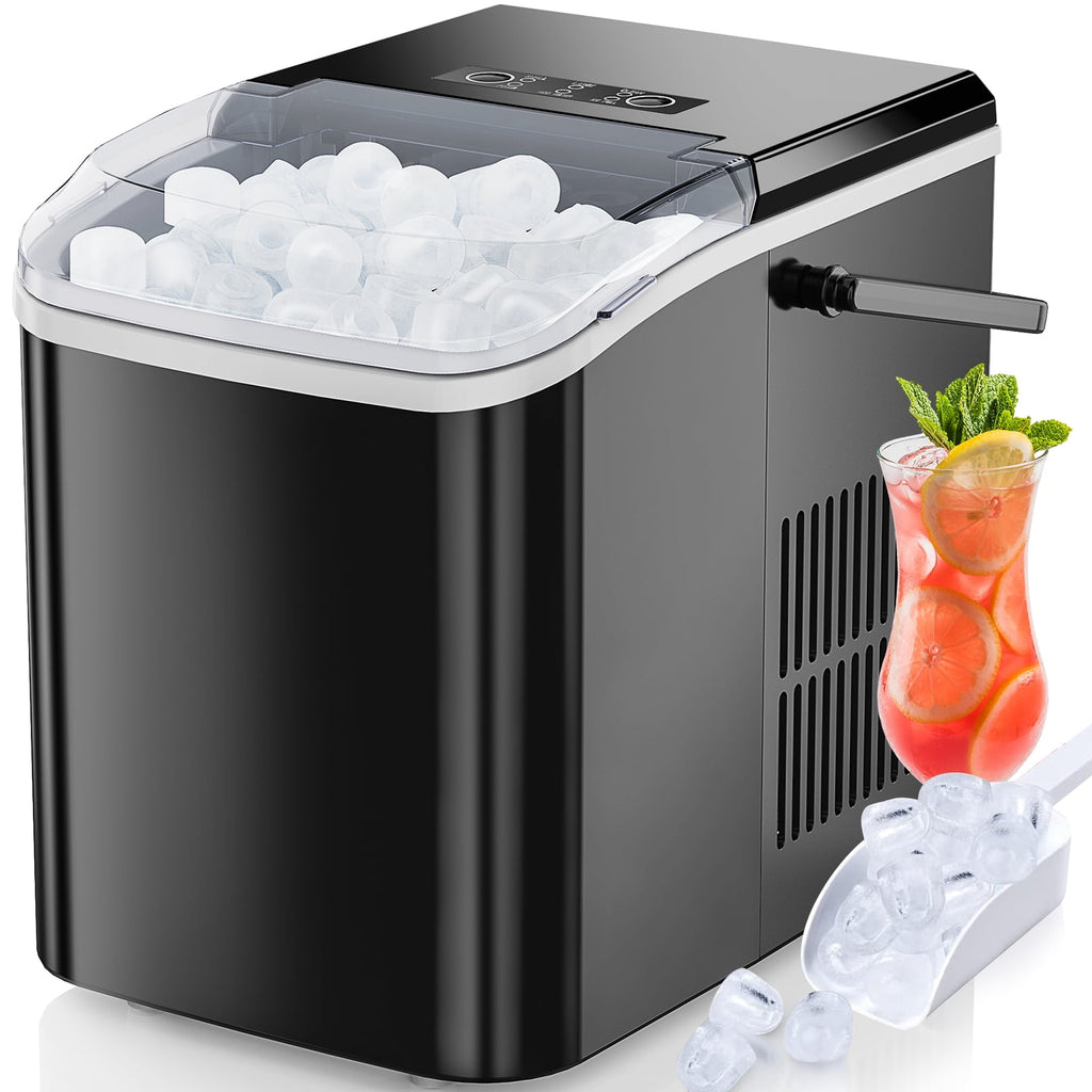 EDX Countertop Ice Maker, Self-Cleaning Portable Ice Maker Machine with Handle and Ice Scoop, Bullet Ice Cubes, 9Pcs/6Min 26.5Lbs/24H for Home/Kitchen/Bar/Party, Black