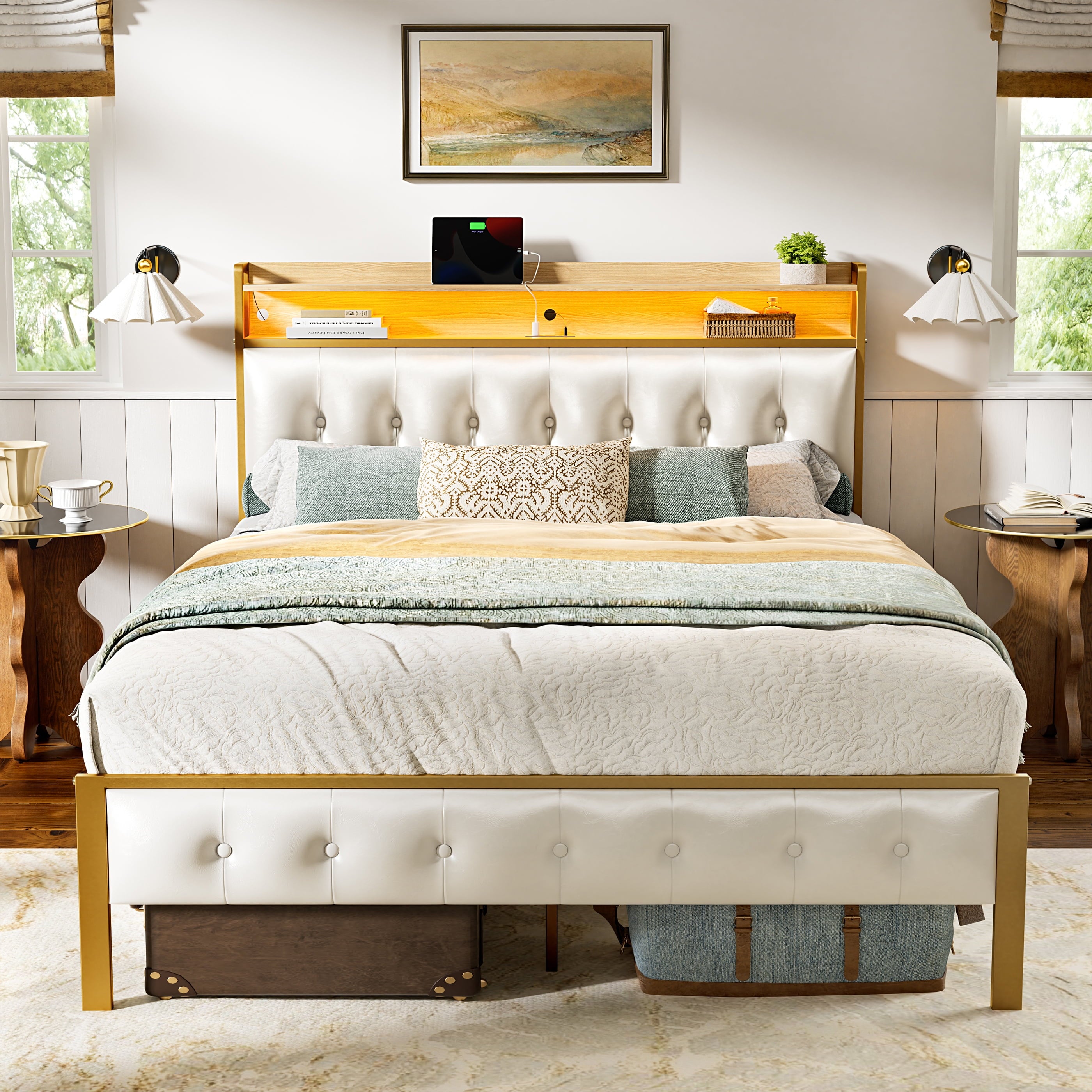 GUNAITO Queen Bed Frame with Storage Headboard Upholstered Platform Bed with LED Lights USB Ports & Outlets Black