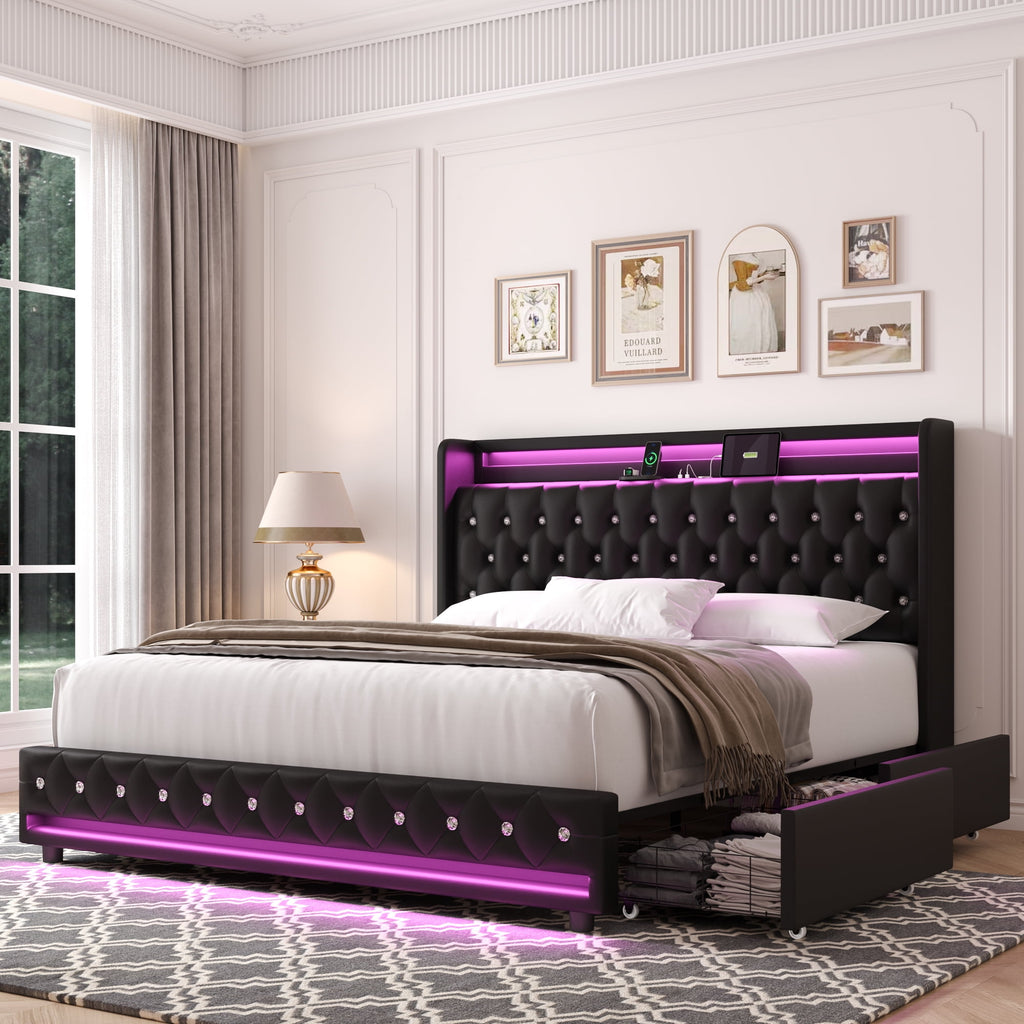 Homfa King Size LED Bed Frame with 4 Storage Drawers, Modern Wingback Crystal Button Tufted Upholstered Platform Bed Frame with Outlets and USB Ports & Display Platform, Beige