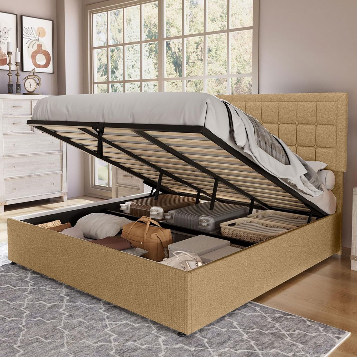 Jocisland King Size Lift Up Storage Bed Frame, Upholstered Platform Bed Frame Button Tufted Headboard/White