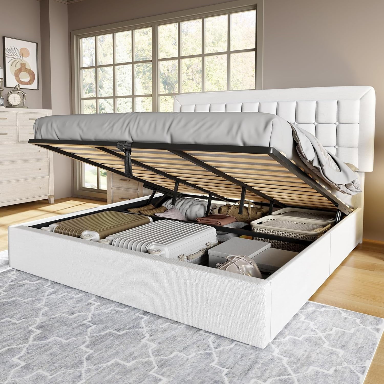 Jocisland King Size Lift Up Storage Bed Frame, Upholstered Platform Bed Frame Button Tufted Headboard/White
