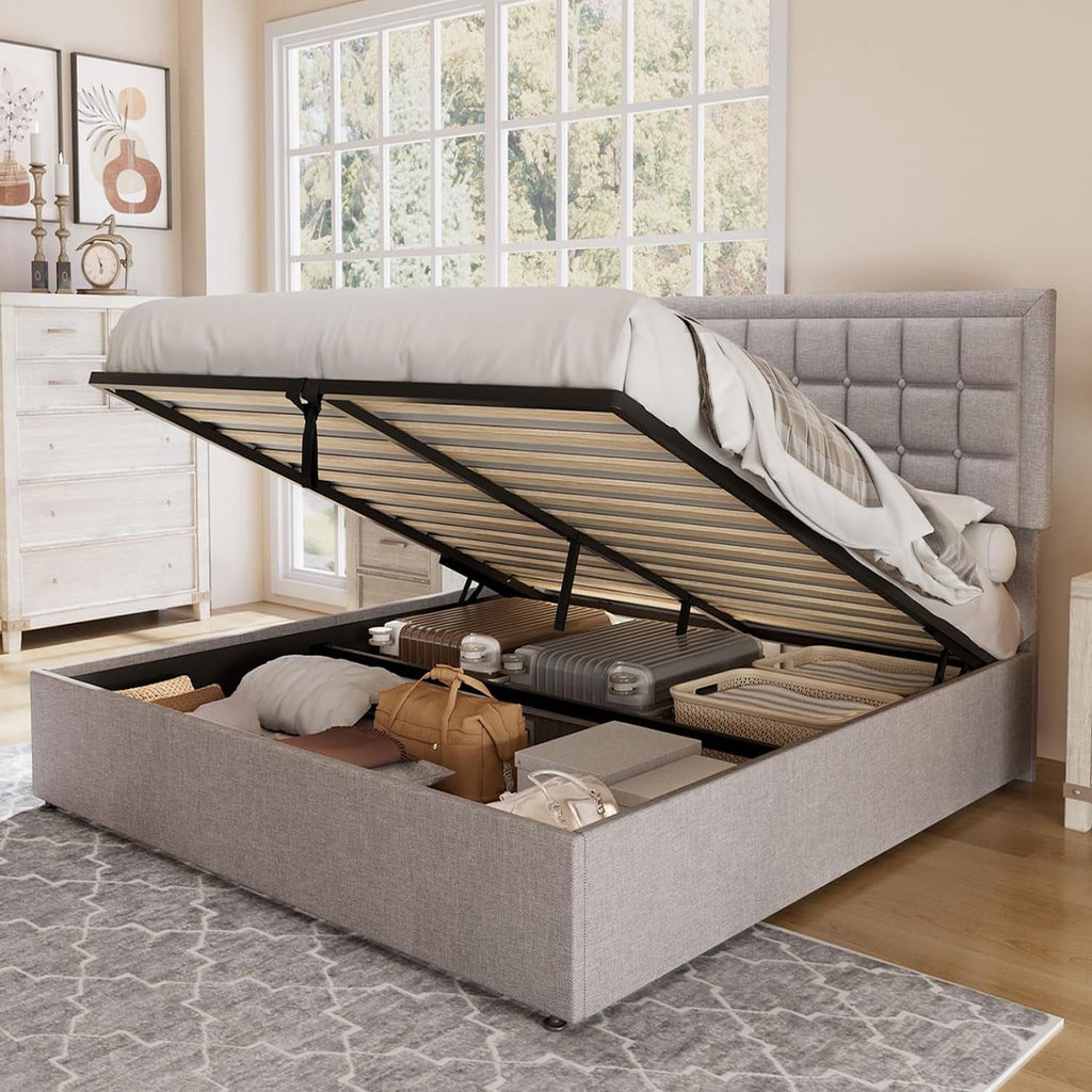 Jocisland King Size Lift Up Storage Bed Frame, Upholstered Platform Bed Frame Button Tufted Headboard/White