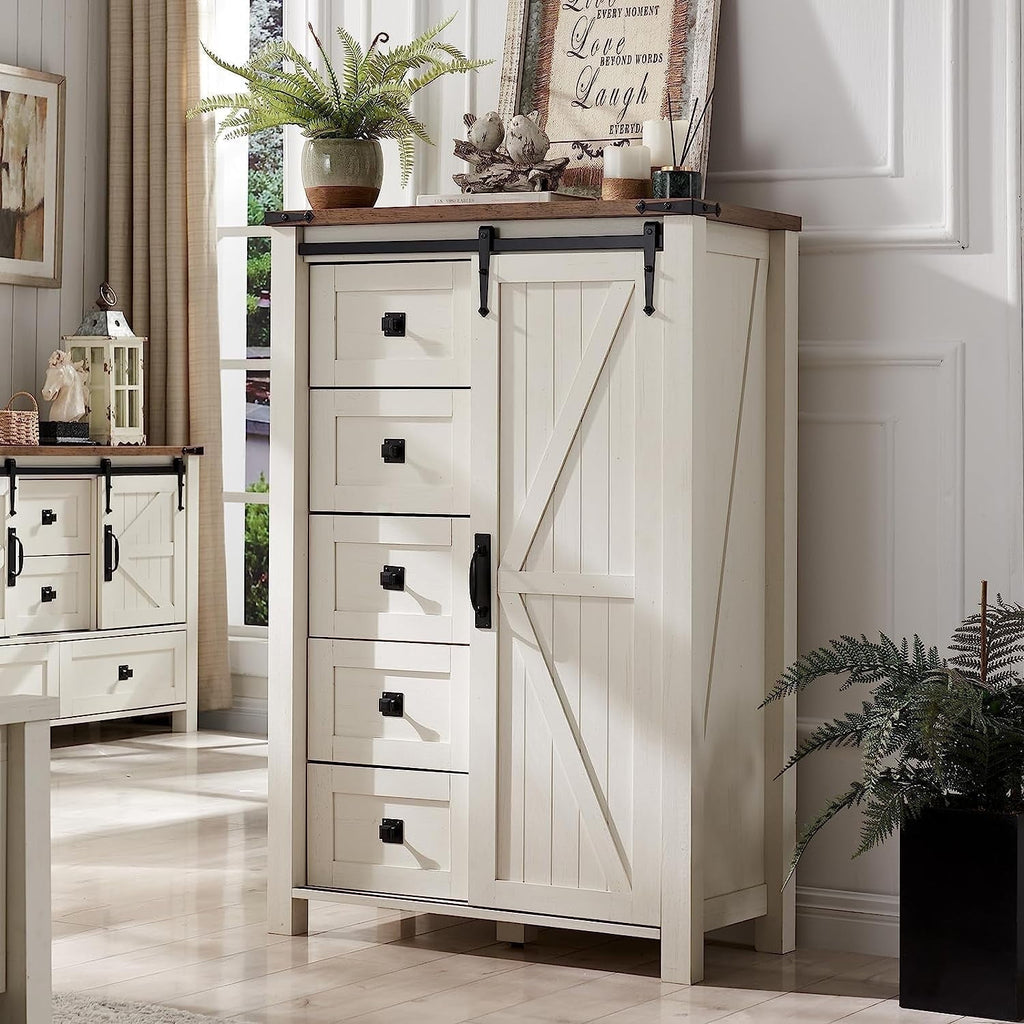 OKD Modern Farmhouse 5-Drawer Dresser with Barn Door, Adjustable Storage Cabinet for Bedroom Living Room, Light Rustic Oak