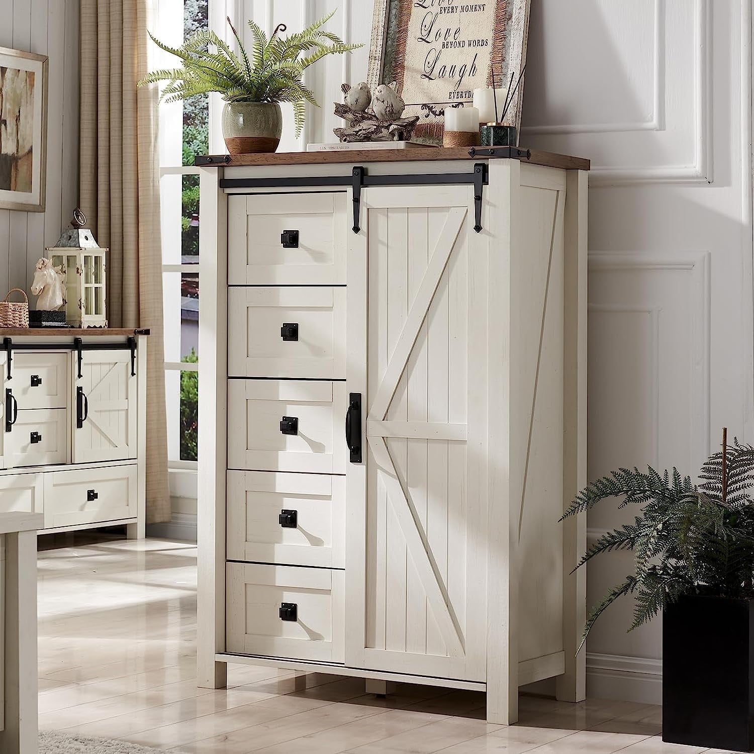 OKD Modern Farmhouse 5-Drawer Dresser with Barn Door, Adjustable Storage Cabinet for Bedroom Living Room, Light Rustic Oak