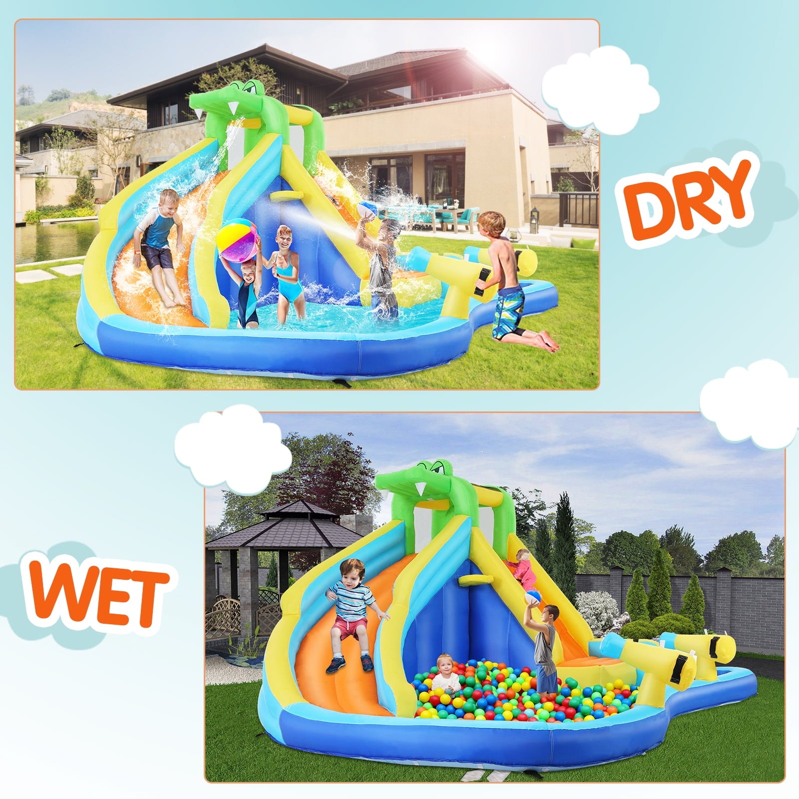 Inflatable Bounce House with Spray Pool, 2 Water Guns, Climbing Wall, Basketball Hoop, and Inflatable Water Slide with UL Air Blower, (Gift for Kids), Polyester, Child, Teen, Toddler