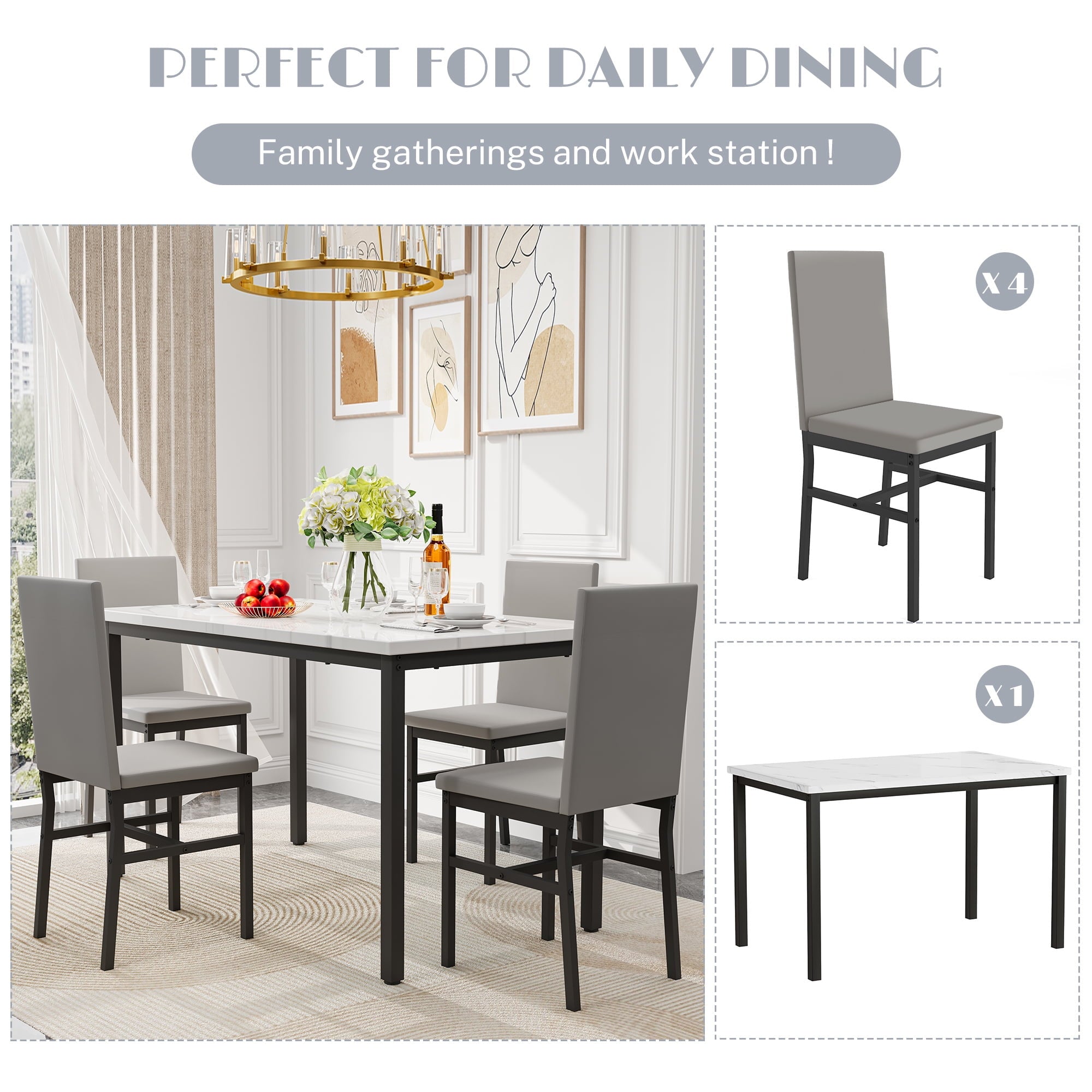 PAPROOS Dining Table Set for 4, Modern 5-Piece Kitchen Table Set with Faux Marble Top and Velvet Upholstery Chairs, Heavy Duty Dinette Sets for Breakfast Nook, Dining Room Table and Chairs, Gray