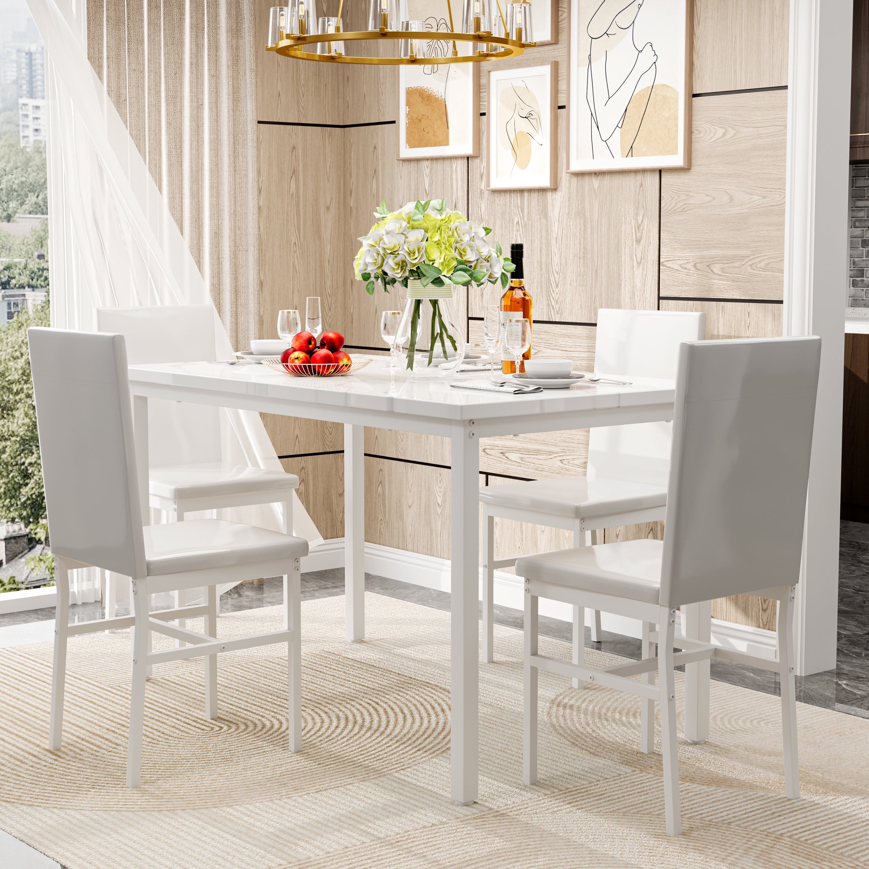 PAPROOS Dining Table Set for 4, Modern 5-Piece Kitchen Table Set with Faux Marble Top and Velvet Upholstery Chairs, Heavy Duty Dinette Sets for Breakfast Nook, Dining Room Table and Chairs, Gray
