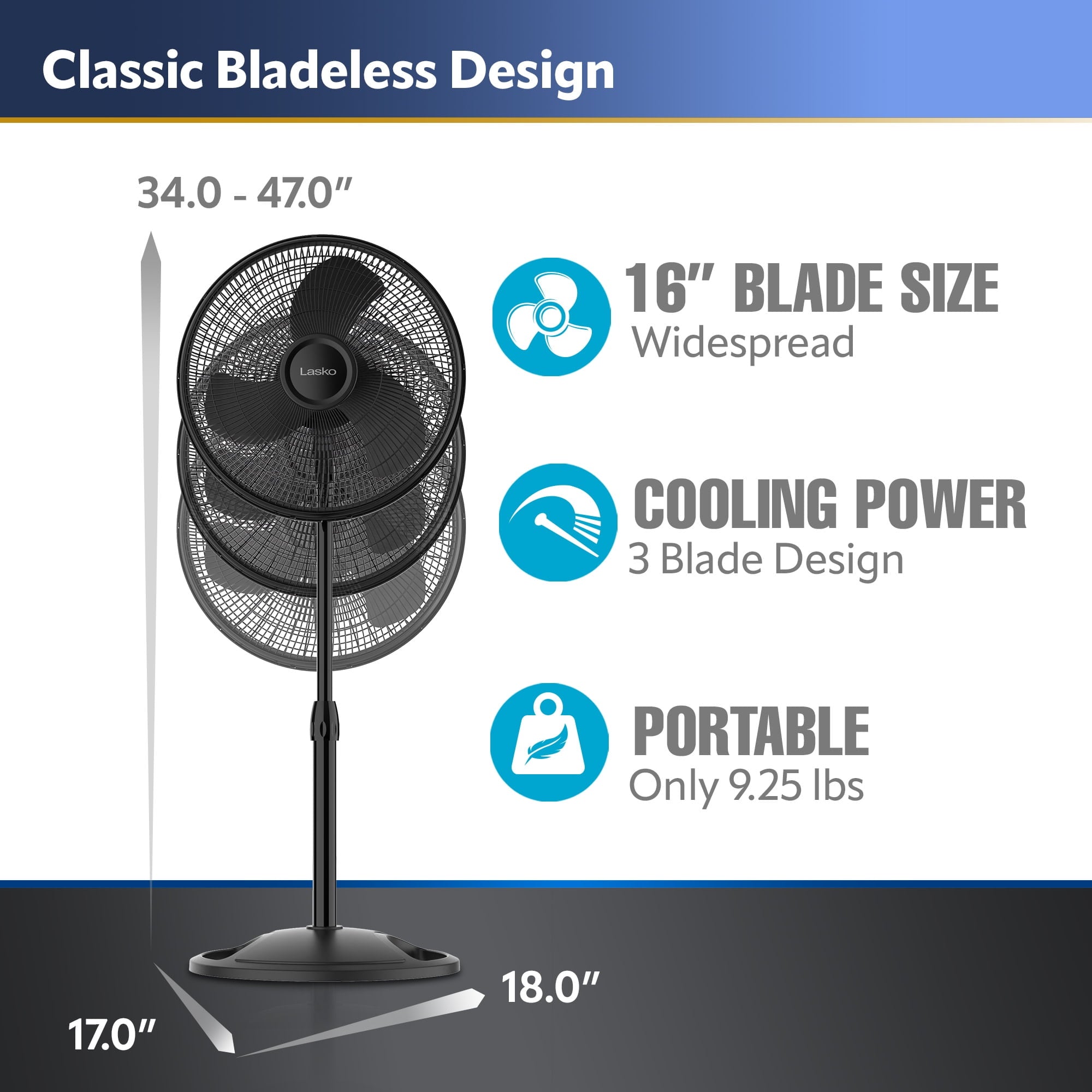 Lasko 16" Oscillating Adjustable Pedestal Fan with 3-Speeds, 47" H, Black, S16500, New