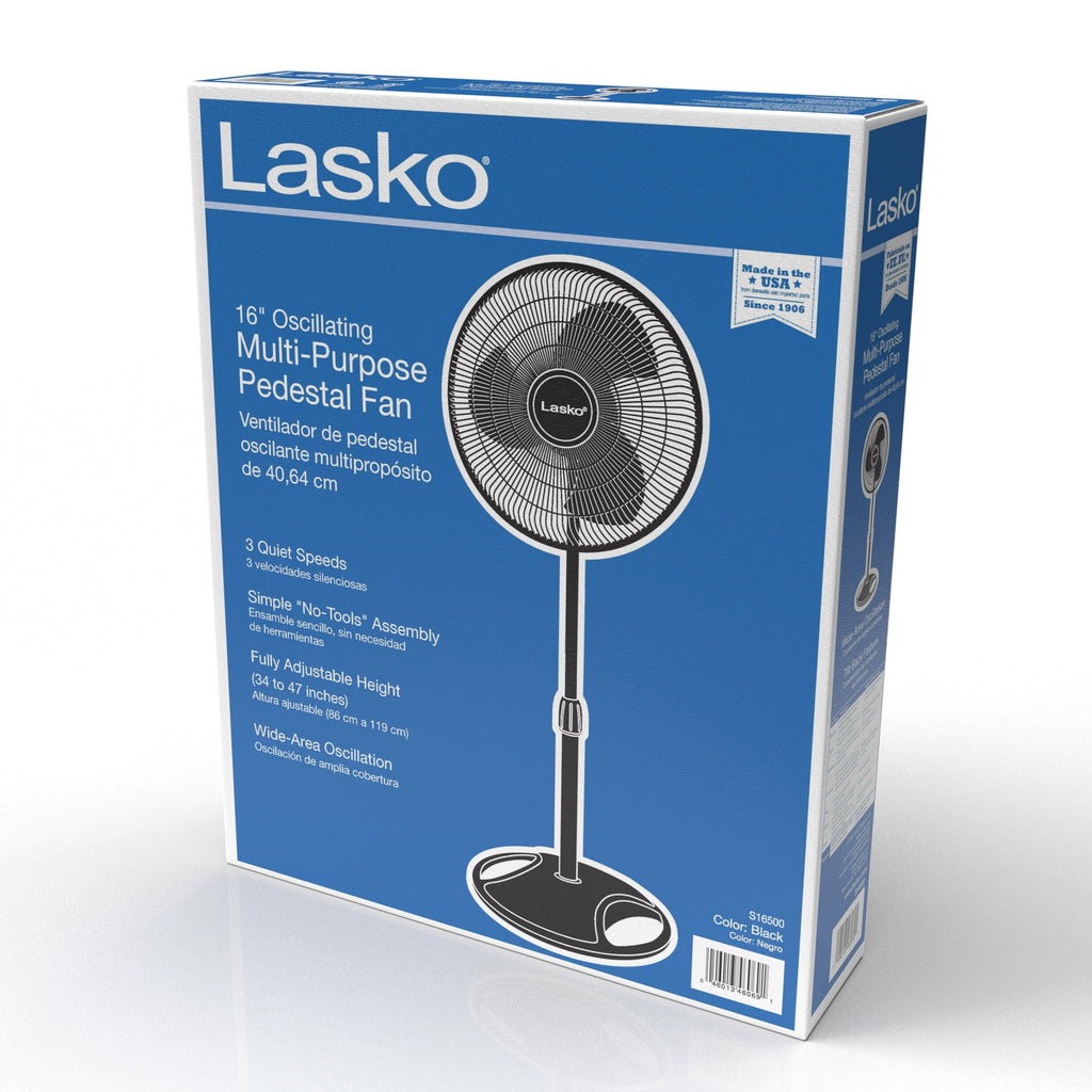 Lasko 16" Oscillating Adjustable Pedestal Fan with 3-Speeds, 47" H, Black, S16500, New