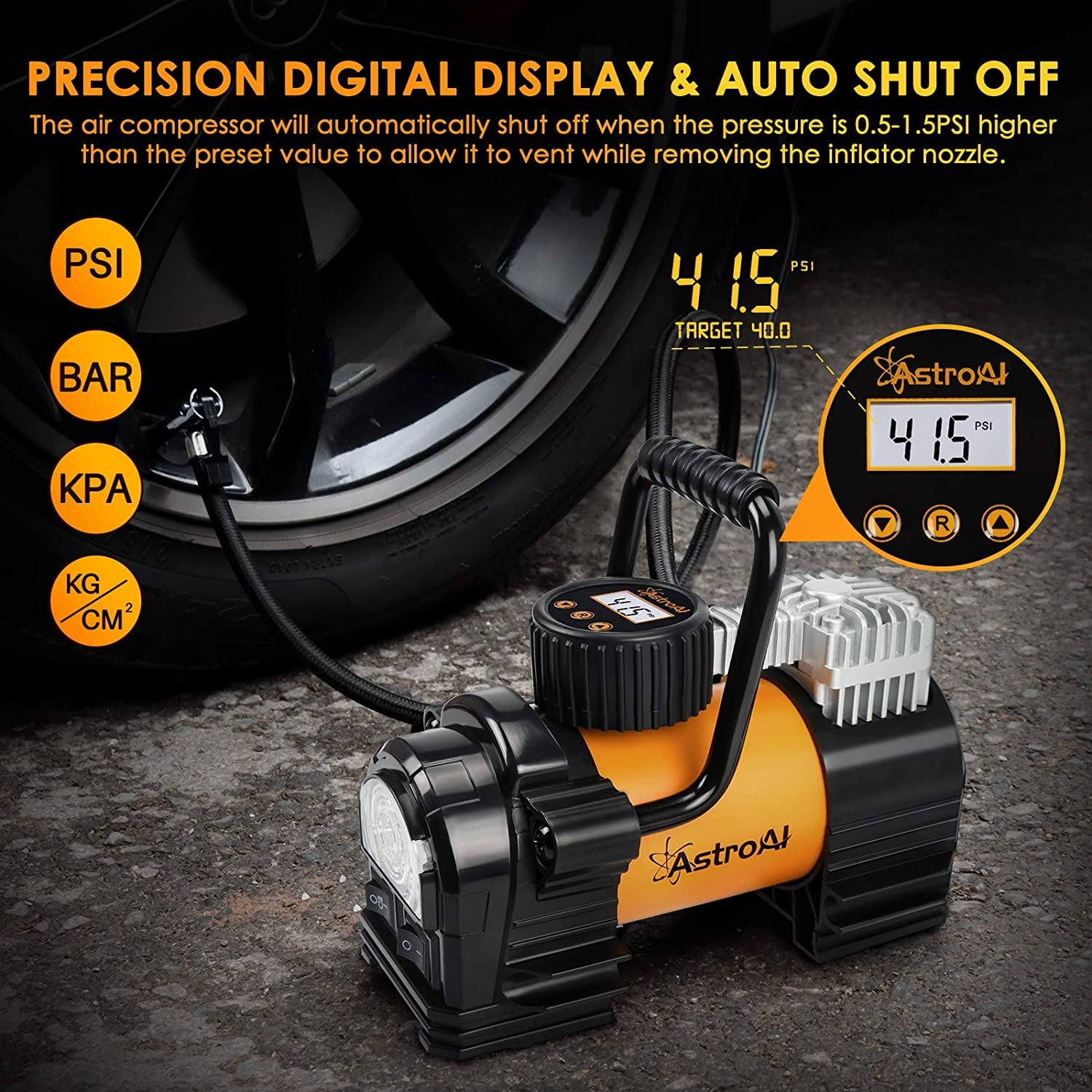 AstroAI Tire Inflator Portable Air Pump for Car Tires, Digital Air Compressor 150PSI, Yellow