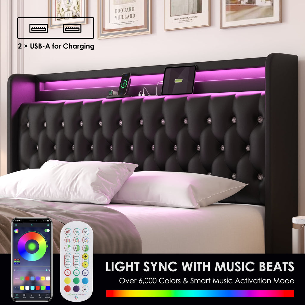 Homfa King Size LED Bed Frame with 4 Storage Drawers, Modern Wingback Crystal Button Tufted Upholstered Platform Bed Frame with Outlets and USB Ports & Display Platform, Beige