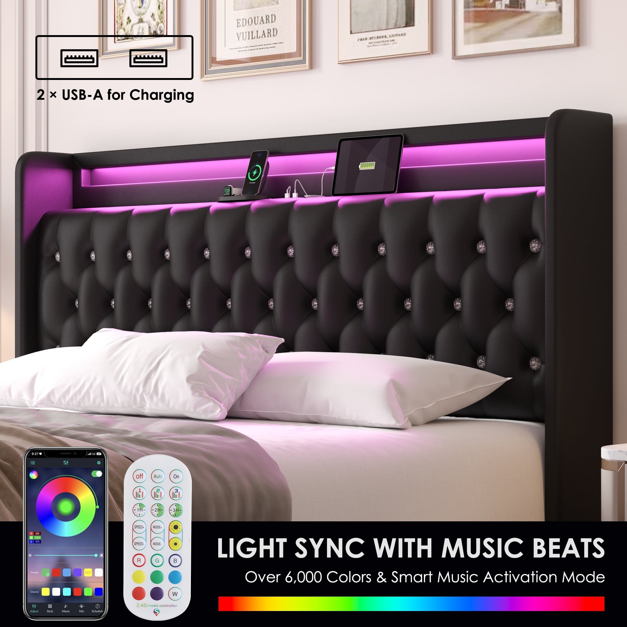 Homfa King Size LED Bed Frame with 4 Storage Drawers, Modern Wingback Crystal Button Tufted Upholstered Platform Bed Frame with Outlets and USB Ports & Display Platform, Beige