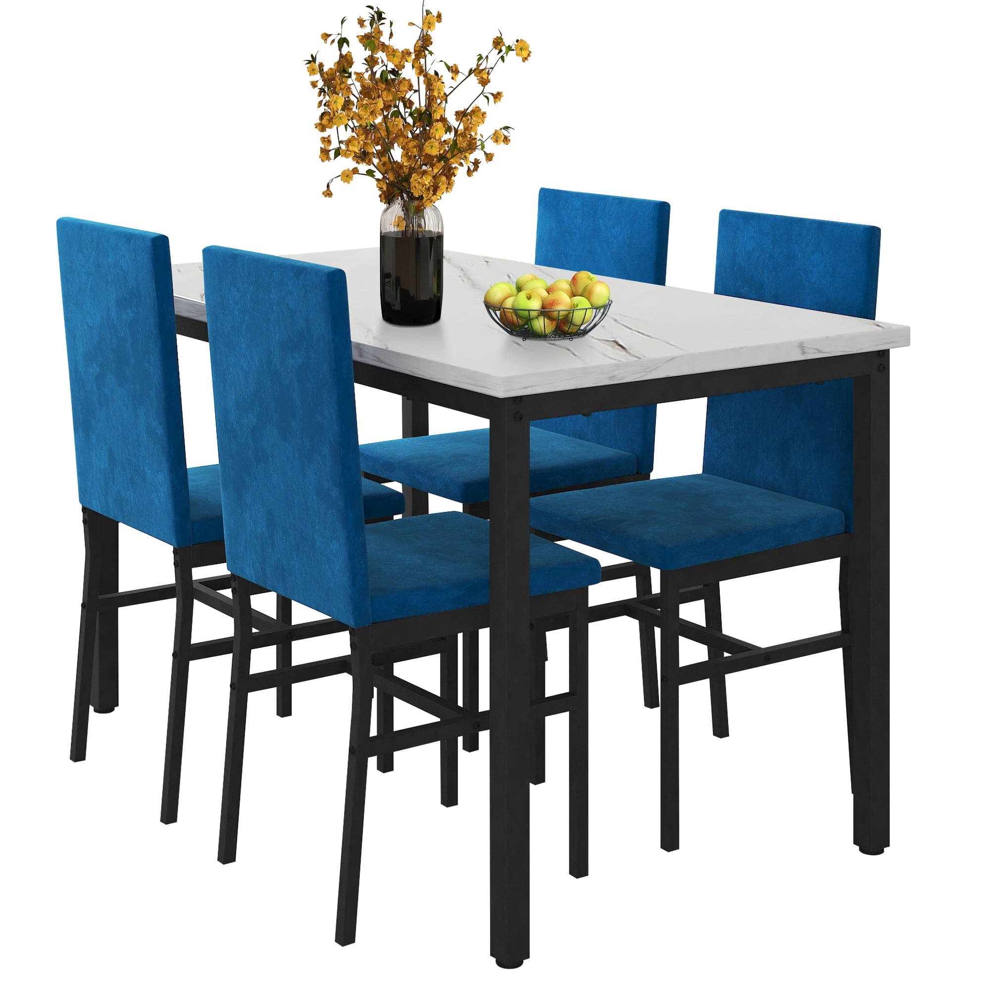 PAPROOS Dining Table Set for 4, Modern 5-Piece Kitchen Table Set with Faux Marble Top and Velvet Upholstery Chairs, Heavy Duty Dinette Sets for Breakfast Nook, Dining Room Table and Chairs, Gray