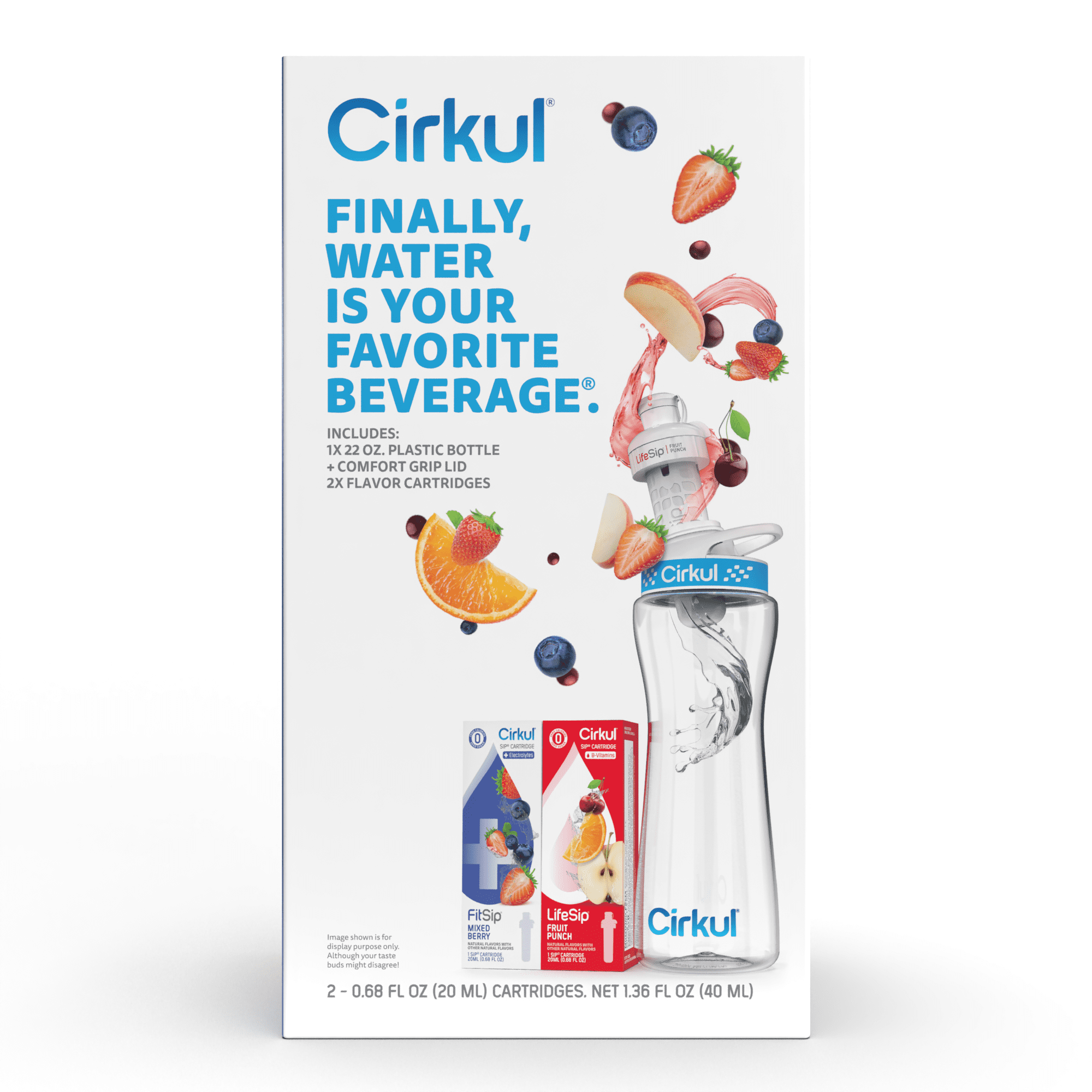 Cirkul 22oz Plastic Water Bottle Starter Kit with Blue Lid and 2 Flavor Cartridges (Fruit Punch & Mixed Berry)
