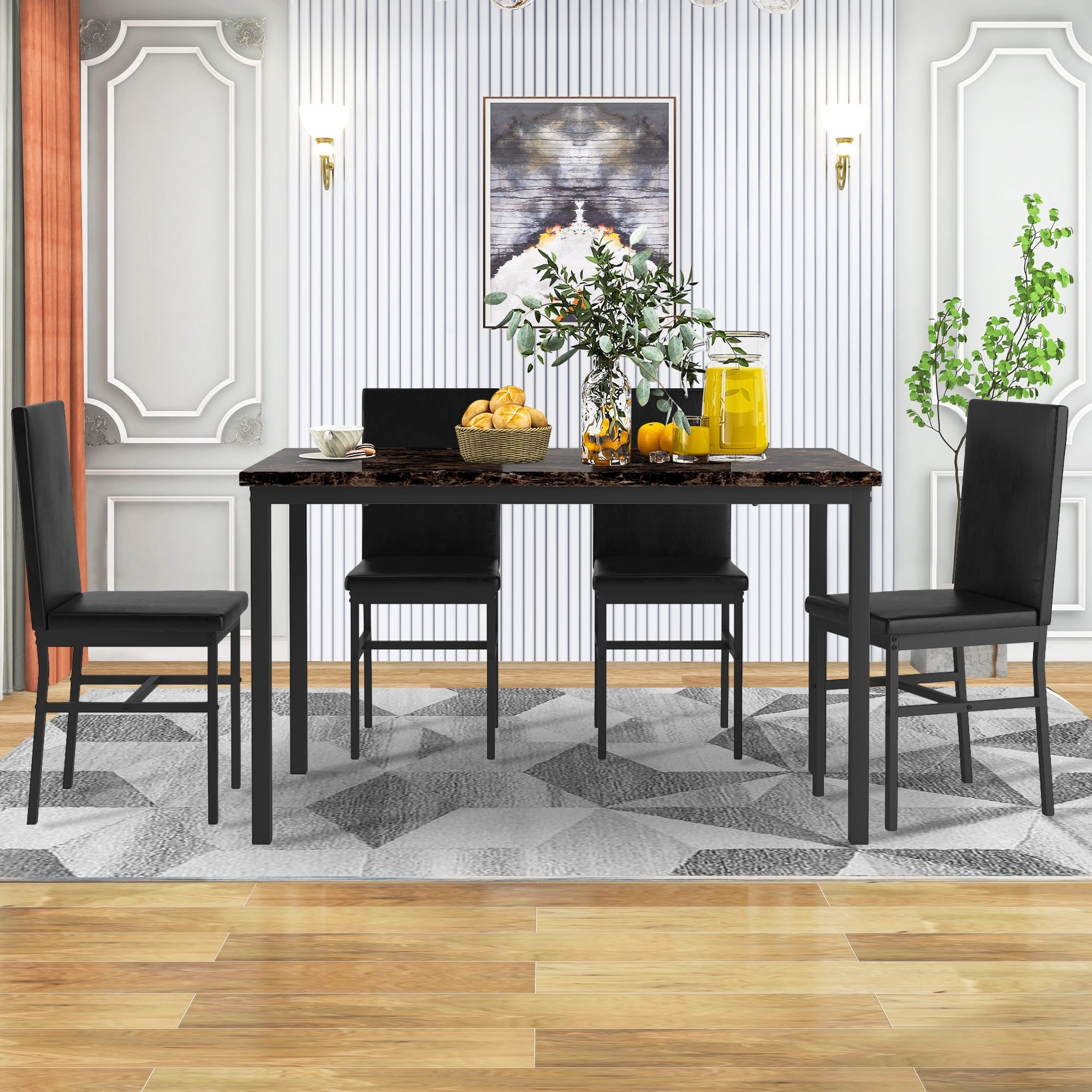 PAPROOS Dining Table Set for 4, Modern 5-Piece Kitchen Table Set with Faux Marble Top and Velvet Upholstery Chairs, Heavy Duty Dinette Sets for Breakfast Nook, Dining Room Table and Chairs, Gray