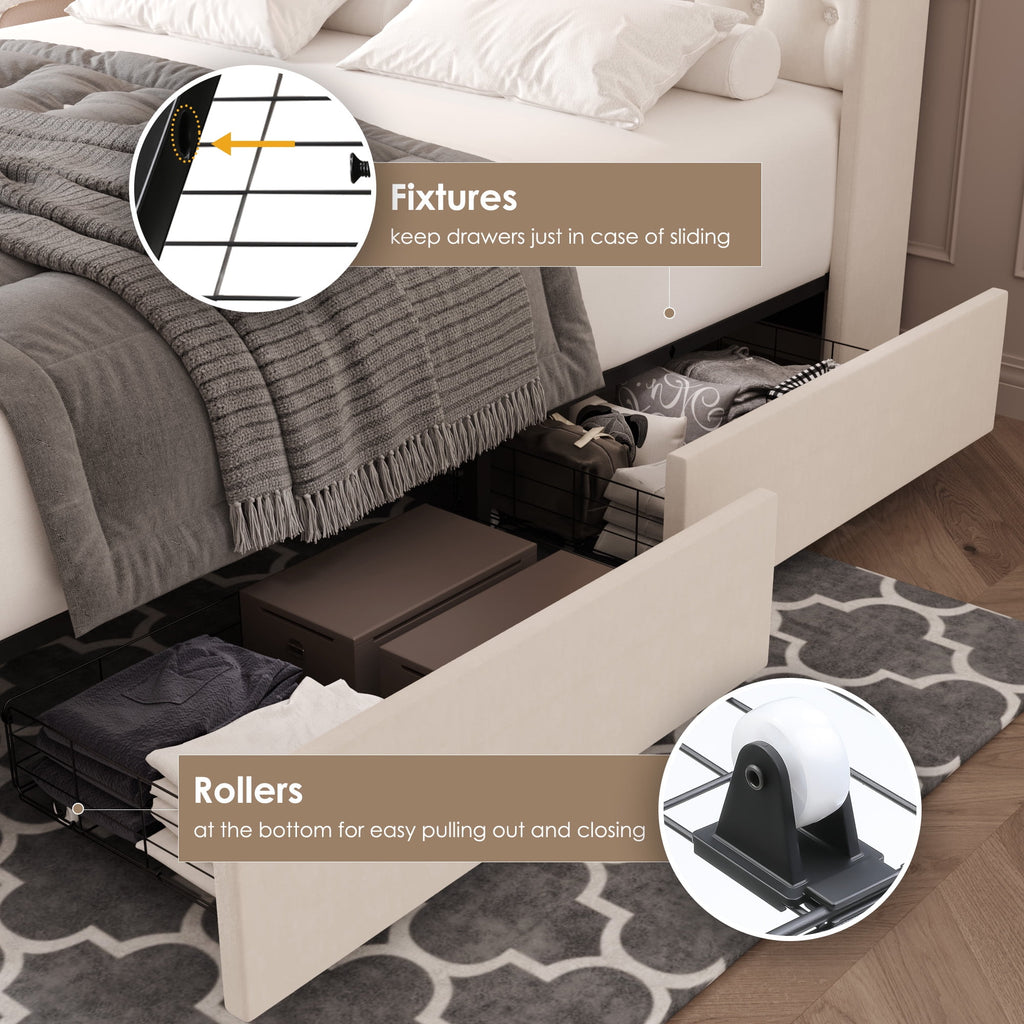 Homfa King Size LED Bed Frame with 4 Storage Drawers, Modern Wingback Crystal Button Tufted Upholstered Platform Bed Frame with Outlets and USB Ports & Display Platform, Beige