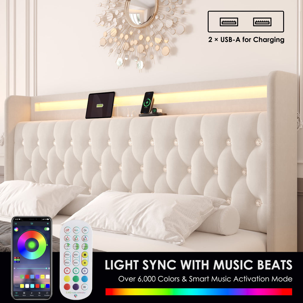 Homfa King Size LED Bed Frame with 4 Storage Drawers, Modern Wingback Crystal Button Tufted Upholstered Platform Bed Frame with Outlets and USB Ports & Display Platform, Beige