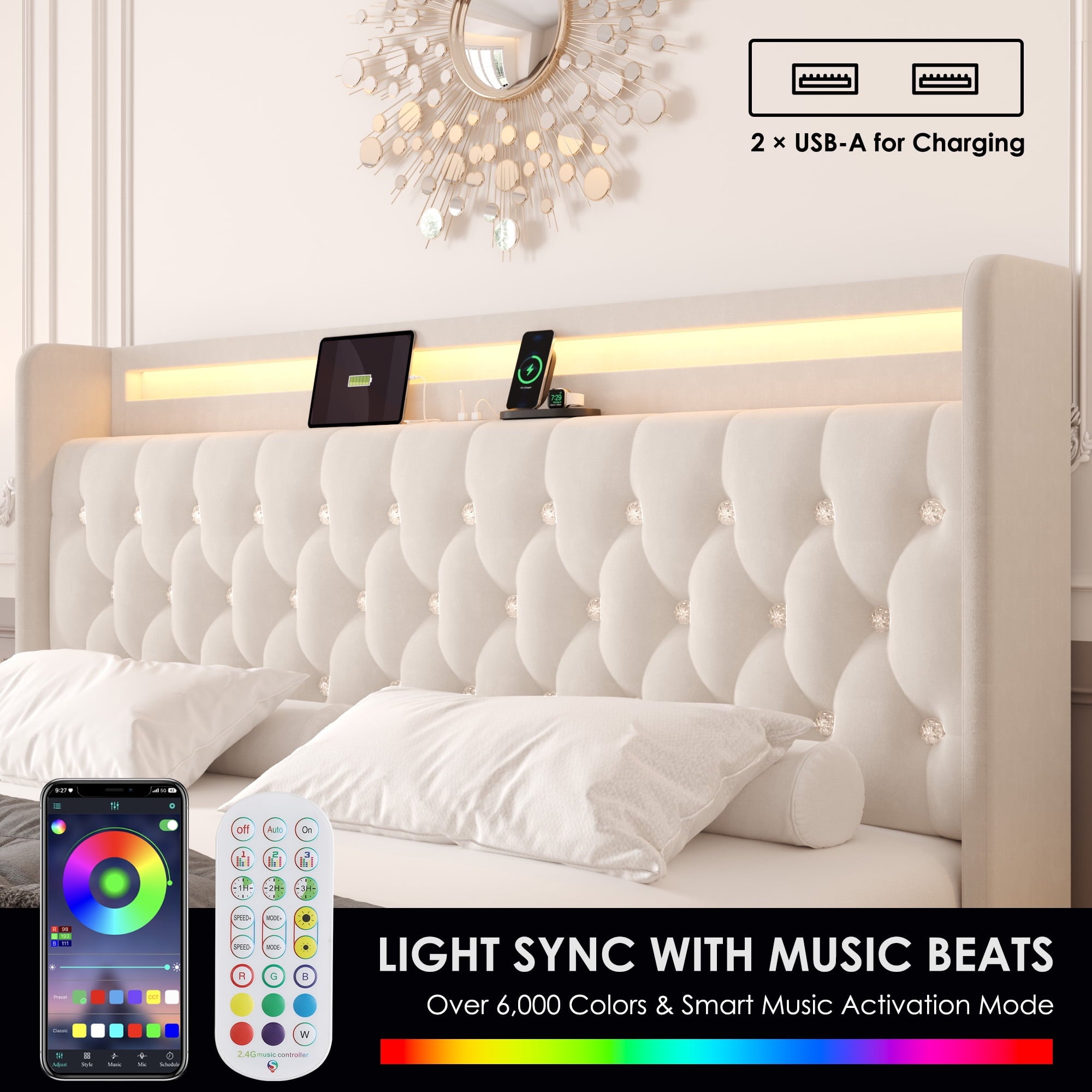 Homfa King Size LED Bed Frame with 4 Storage Drawers, Modern Wingback Crystal Button Tufted Upholstered Platform Bed Frame with Outlets and USB Ports & Display Platform, Beige