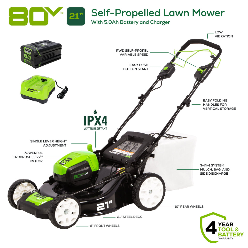 Greenworks 80V 21" Self Propelled Mower 5Ah Battery & Charger 2502402NV