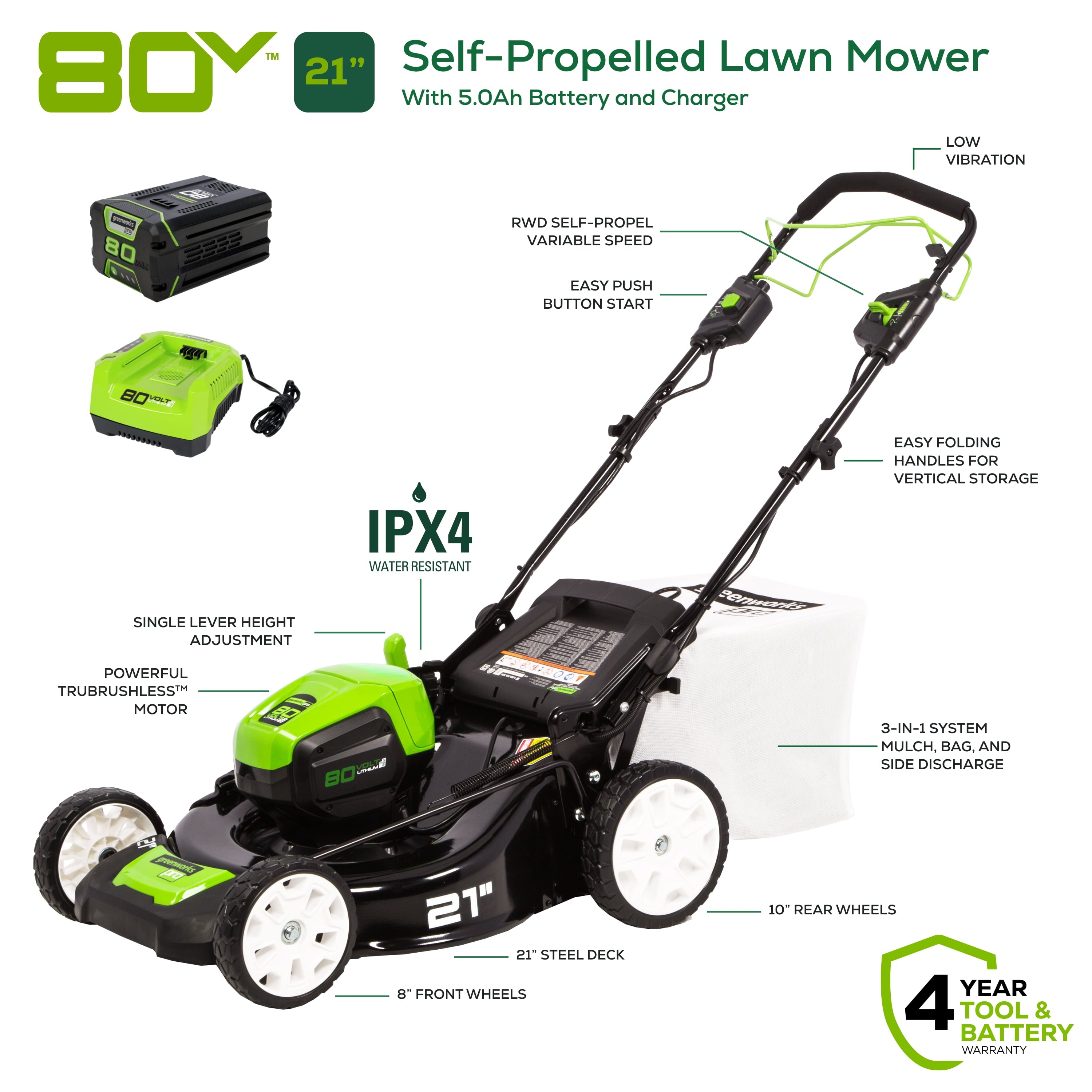 Greenworks 80V 21" Self Propelled Mower 5Ah Battery & Charger 2502402NV
