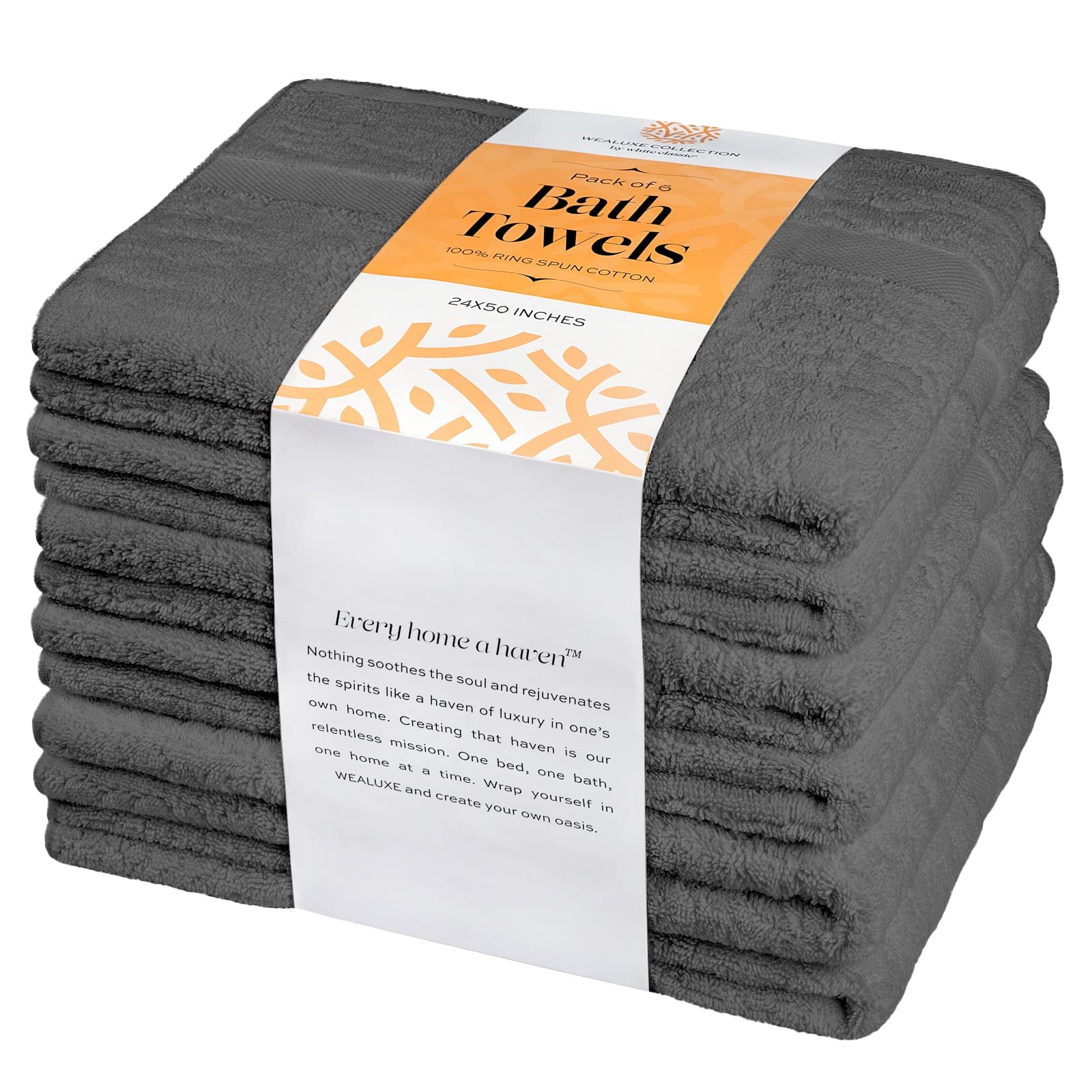 Wealuxe Cotton Bath Towels - 24x50 Inch - Lightweight Soft and Absorbent Gym Pool Towel - 6 Pack - White