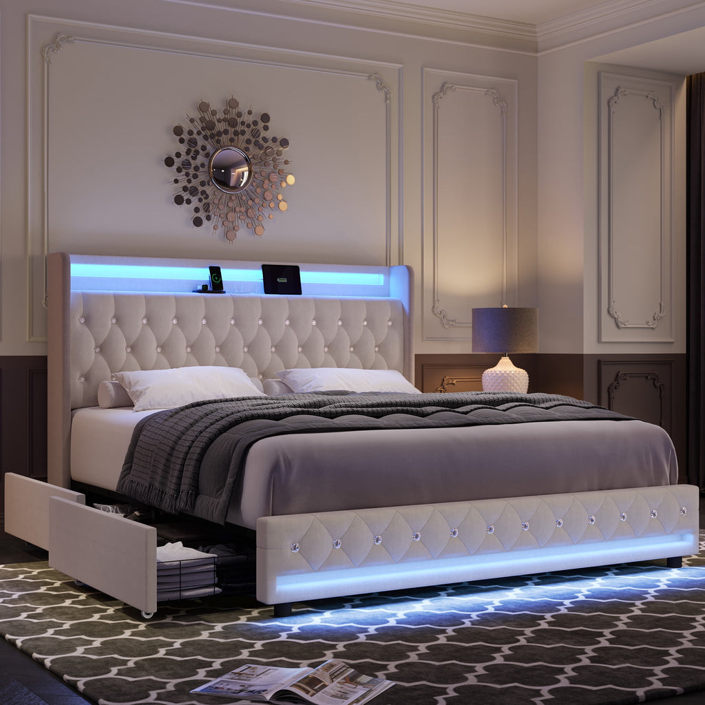 Homfa King Size LED Bed Frame with 4 Storage Drawers, Modern Wingback Crystal Button Tufted Upholstered Platform Bed Frame with Outlets and USB Ports & Display Platform, Beige